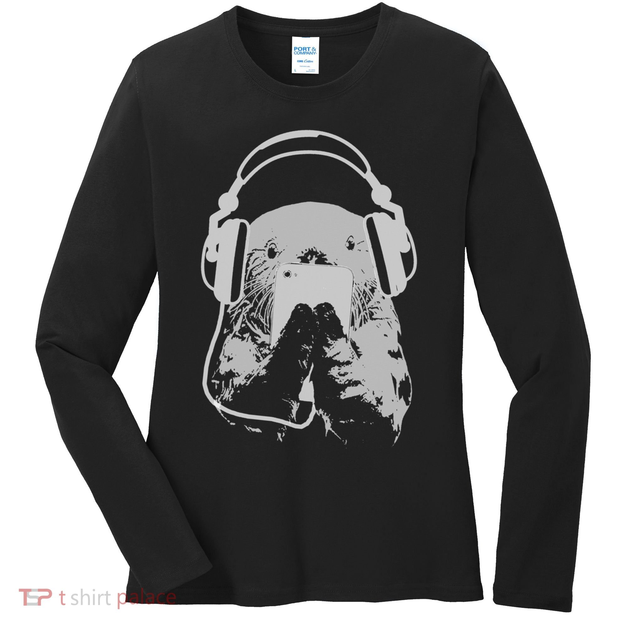 Sea Otter With Cell Phone And Headphones Gift Women's Long Sleeve Shirt