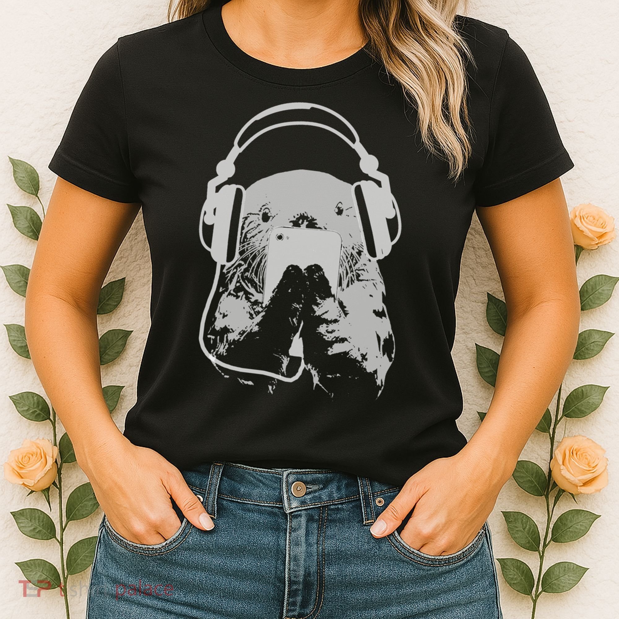 Sea Otter With Cell Phone And Headphones Gift Women's T-Shirt