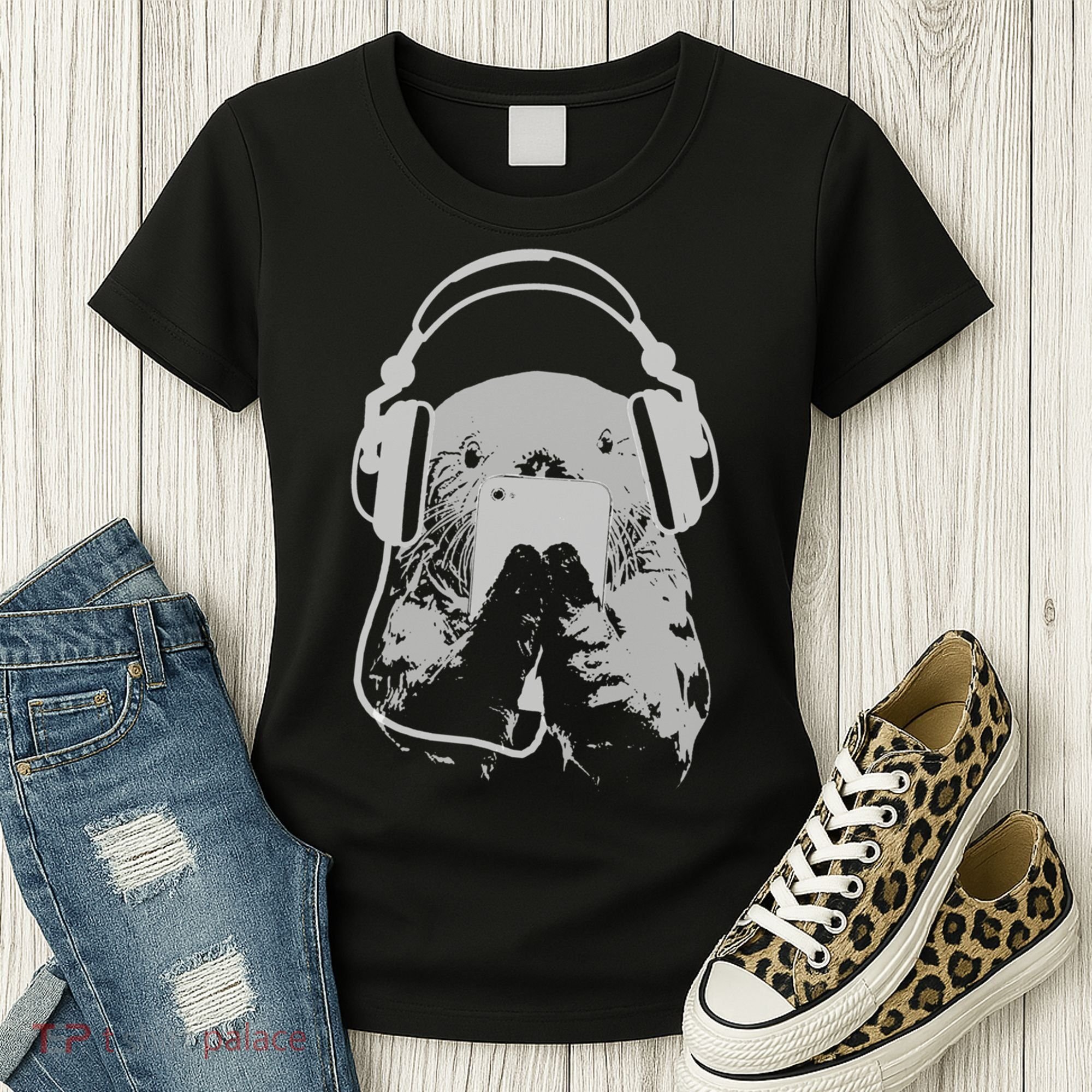 Sea Otter With Cell Phone And Headphones Gift Women's T-Shirt