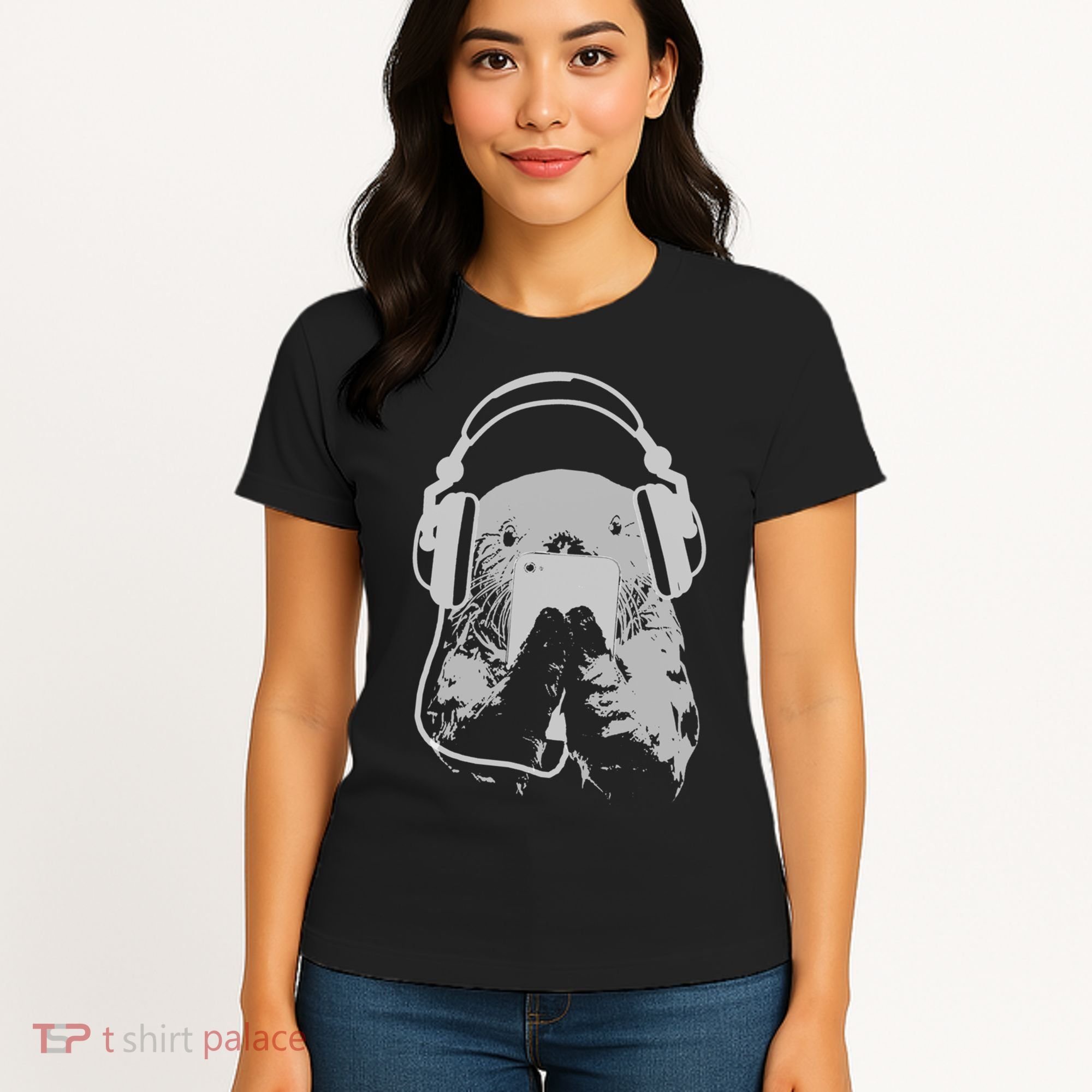 Sea Otter With Cell Phone And Headphones Gift Women's T-Shirt