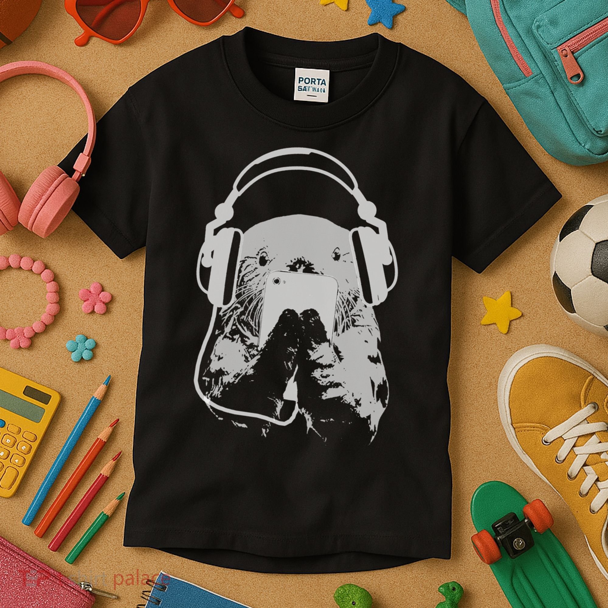 Sea Otter With Cell Phone And Headphones Gift Kids T-Shirt