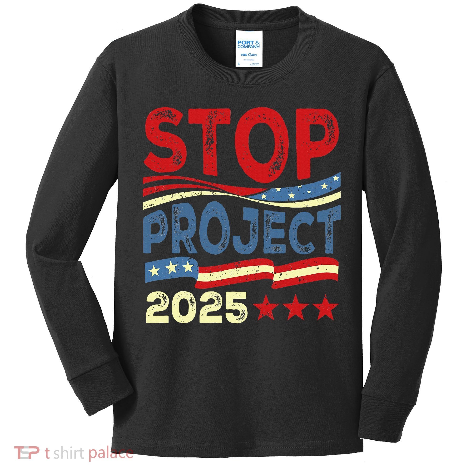 Stop Project 2025 Anti Trump Usa Flag Political Kids Long Sleeve Shirt