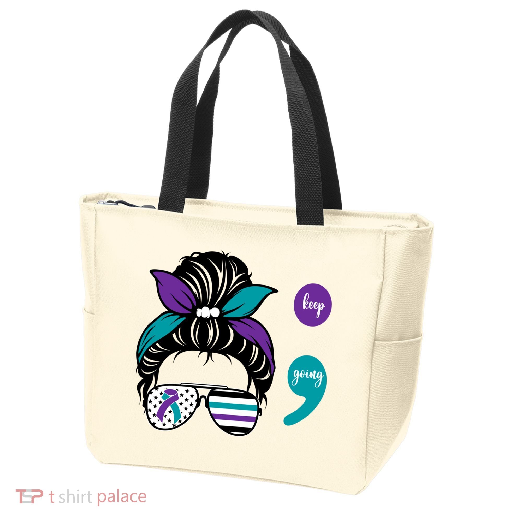 Suicide Prevention Awareness Semicolon Keep Going Messy Bun Gift Tote Bag