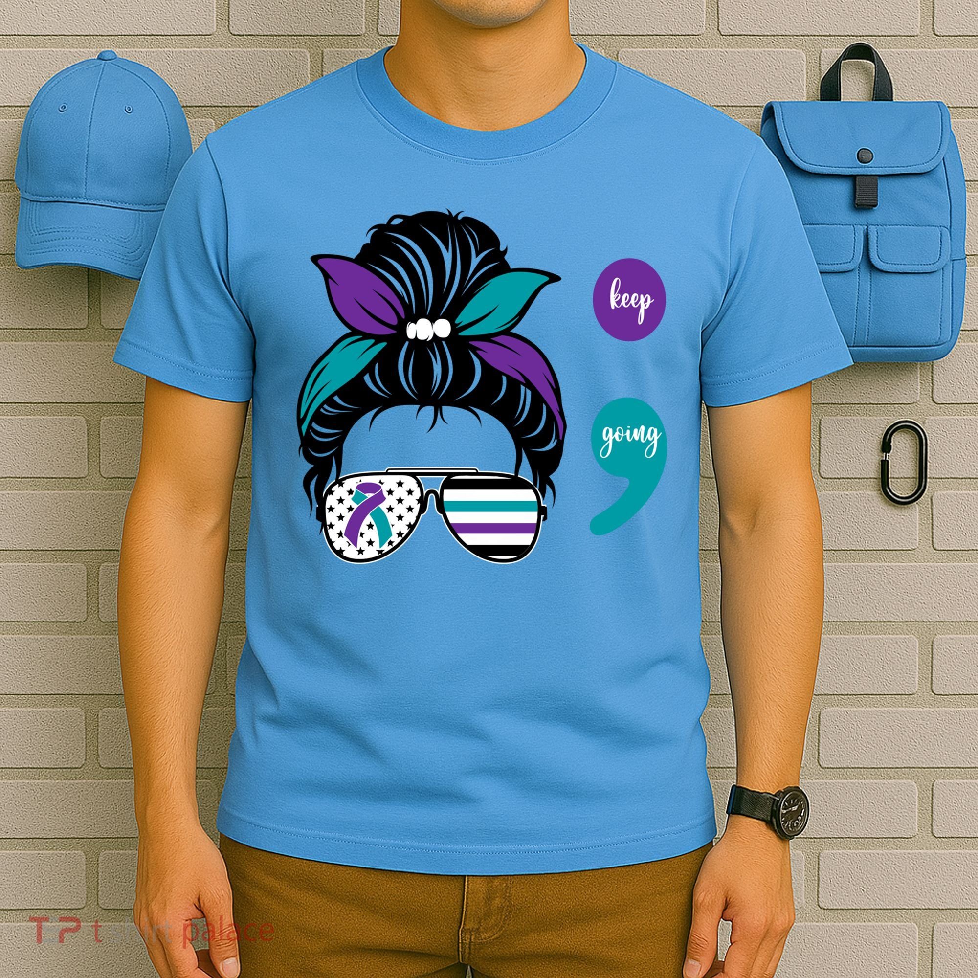 Suicide Prevention Awareness Semicolon Keep Going Messy Bun Gift T-Shirt