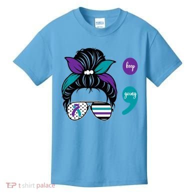 Suicide Prevention Awareness Semicolon Keep Going Messy Bun Gift Kids T-Shirt