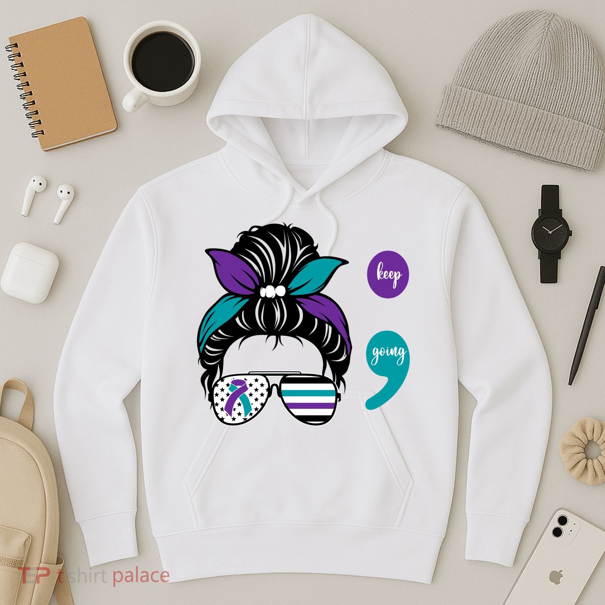 Suicide Prevention Awareness Semicolon Keep Going Messy Bun Gift Hoodie