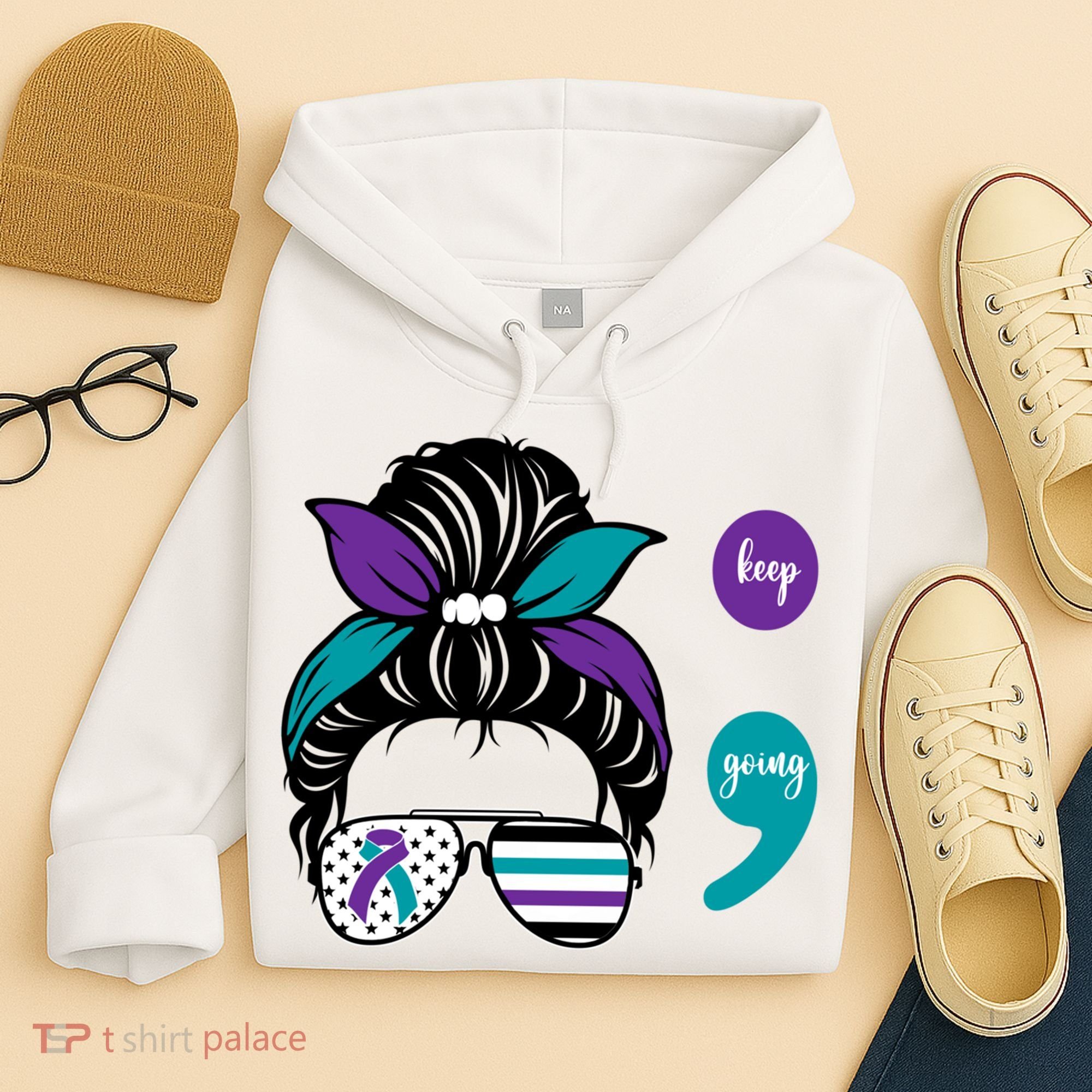 Suicide Prevention Awareness Semicolon Keep Going Messy Bun Gift Hoodie