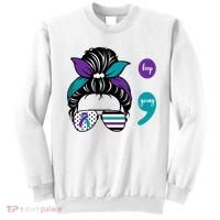 Suicide Prevention Awareness Semicolon Keep Going Messy Bun Gift Sweatshirt thumb 0