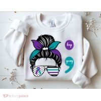 Suicide Prevention Awareness Semicolon Keep Going Messy Bun Gift Sweatshirt thumb 2