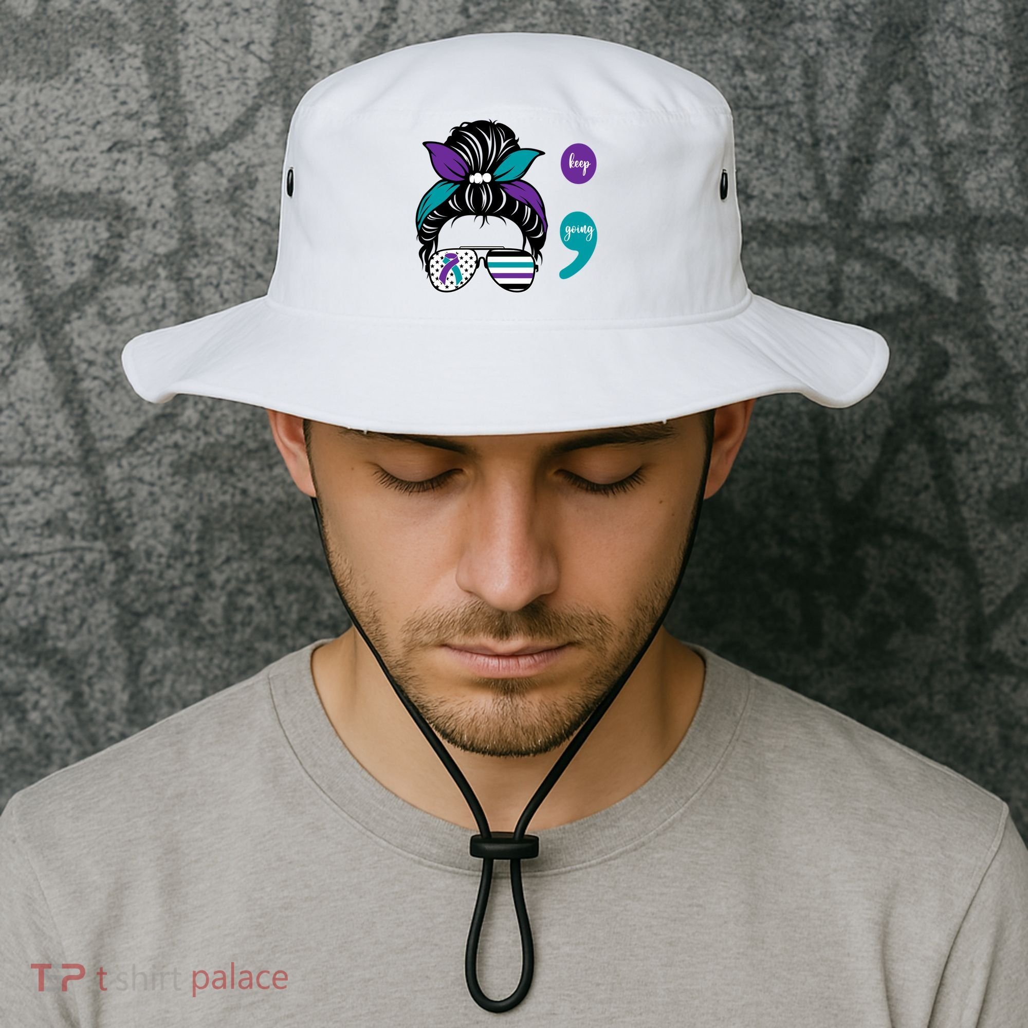 Suicide Prevention Awareness Semicolon Keep Going Messy Bun Gift Bucket Hat
