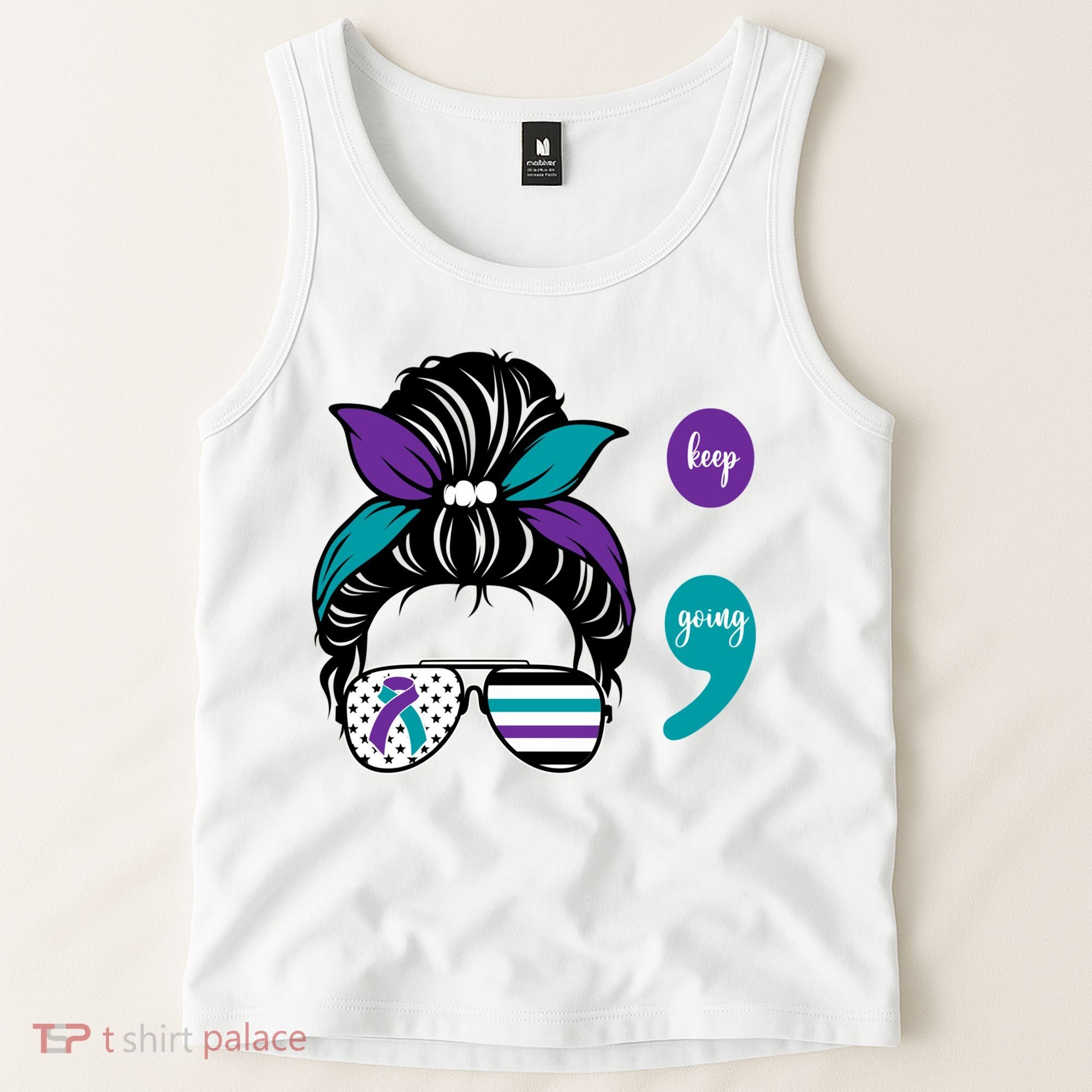 Suicide Prevention Awareness Semicolon Keep Going Messy Bun Gift Tank Top