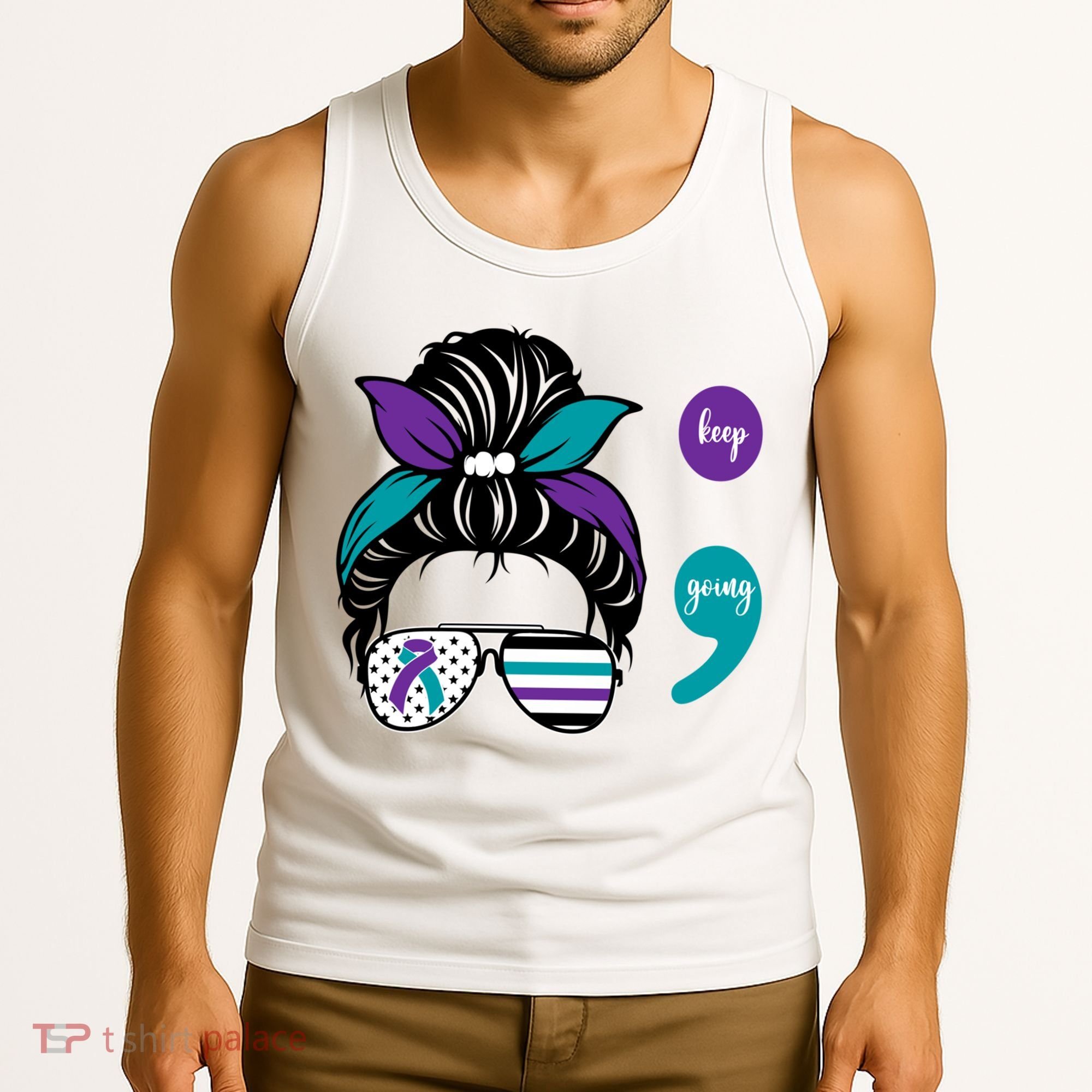 Suicide Prevention Awareness Semicolon Keep Going Messy Bun Gift Tank Top