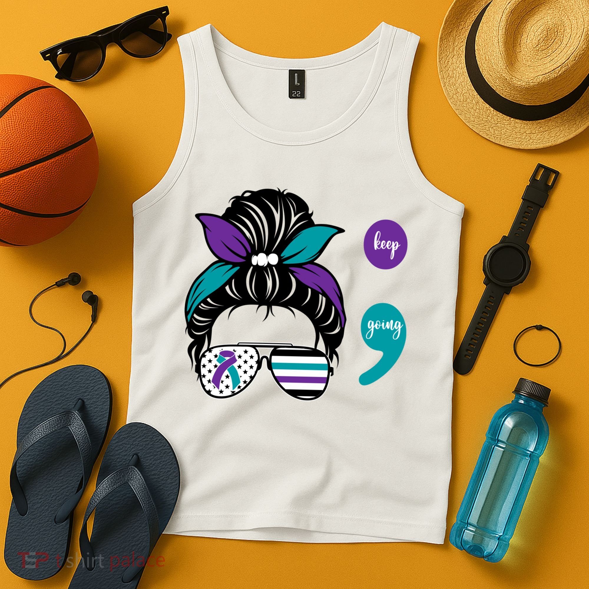 Suicide Prevention Awareness Semicolon Keep Going Messy Bun Gift Tank Top