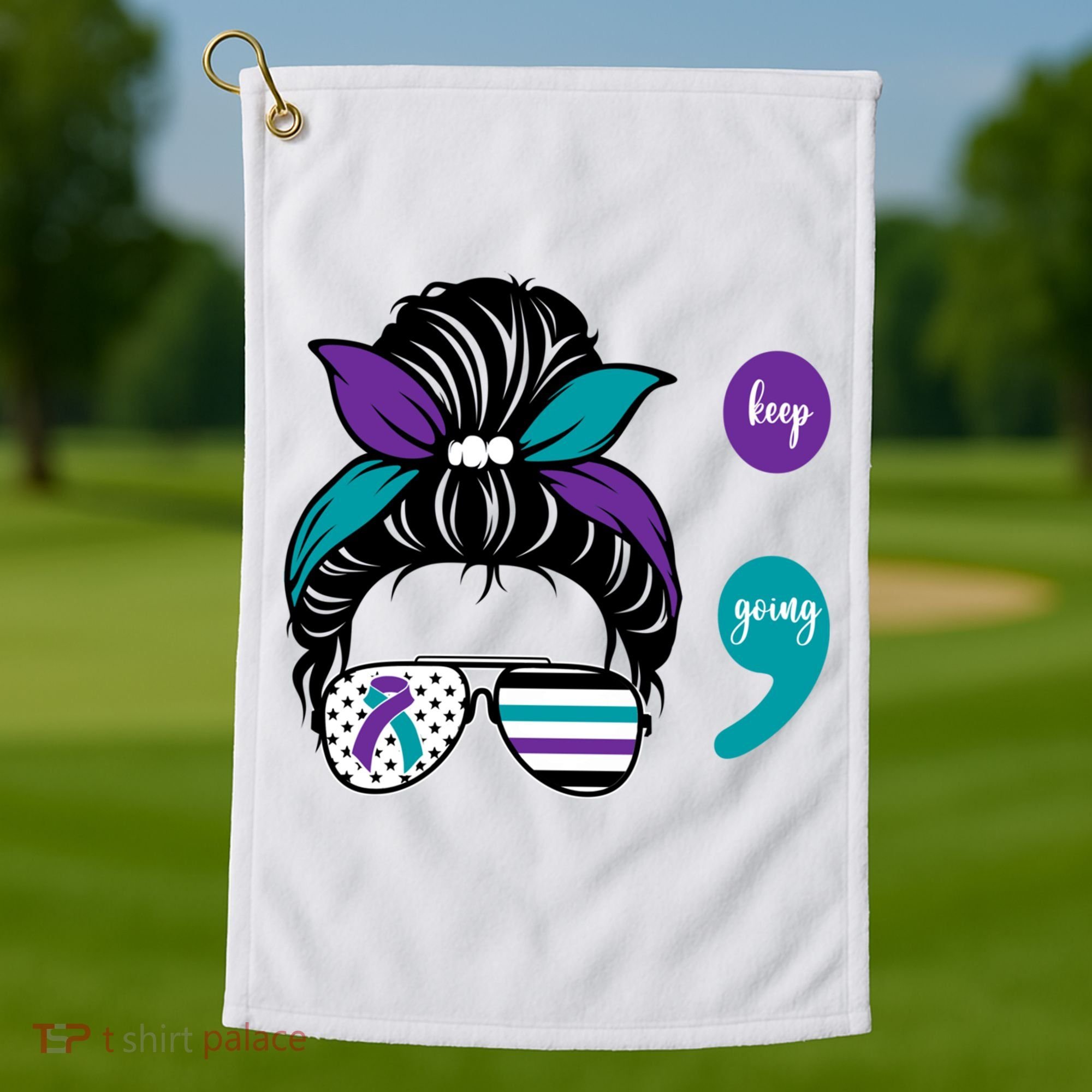 Suicide Prevention Awareness Semicolon Keep Going Messy Bun Gift Golf Towel