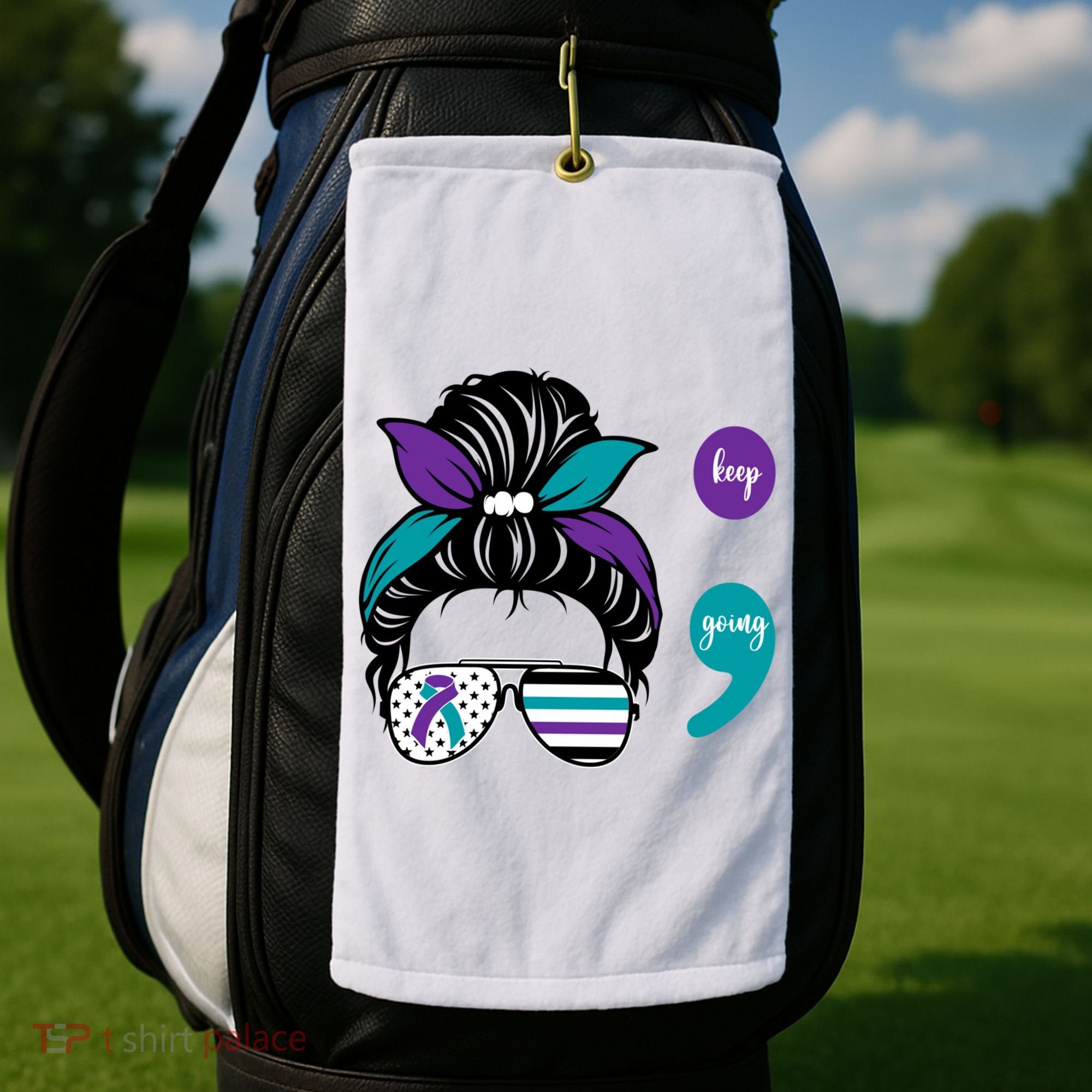 Suicide Prevention Awareness Semicolon Keep Going Messy Bun Gift Golf Towel