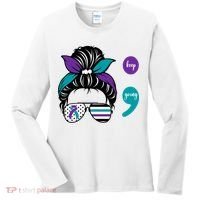 Suicide Prevention Awareness Semicolon Keep Going Messy Bun Gift Women's Long Sleeve Shirt thumb 0