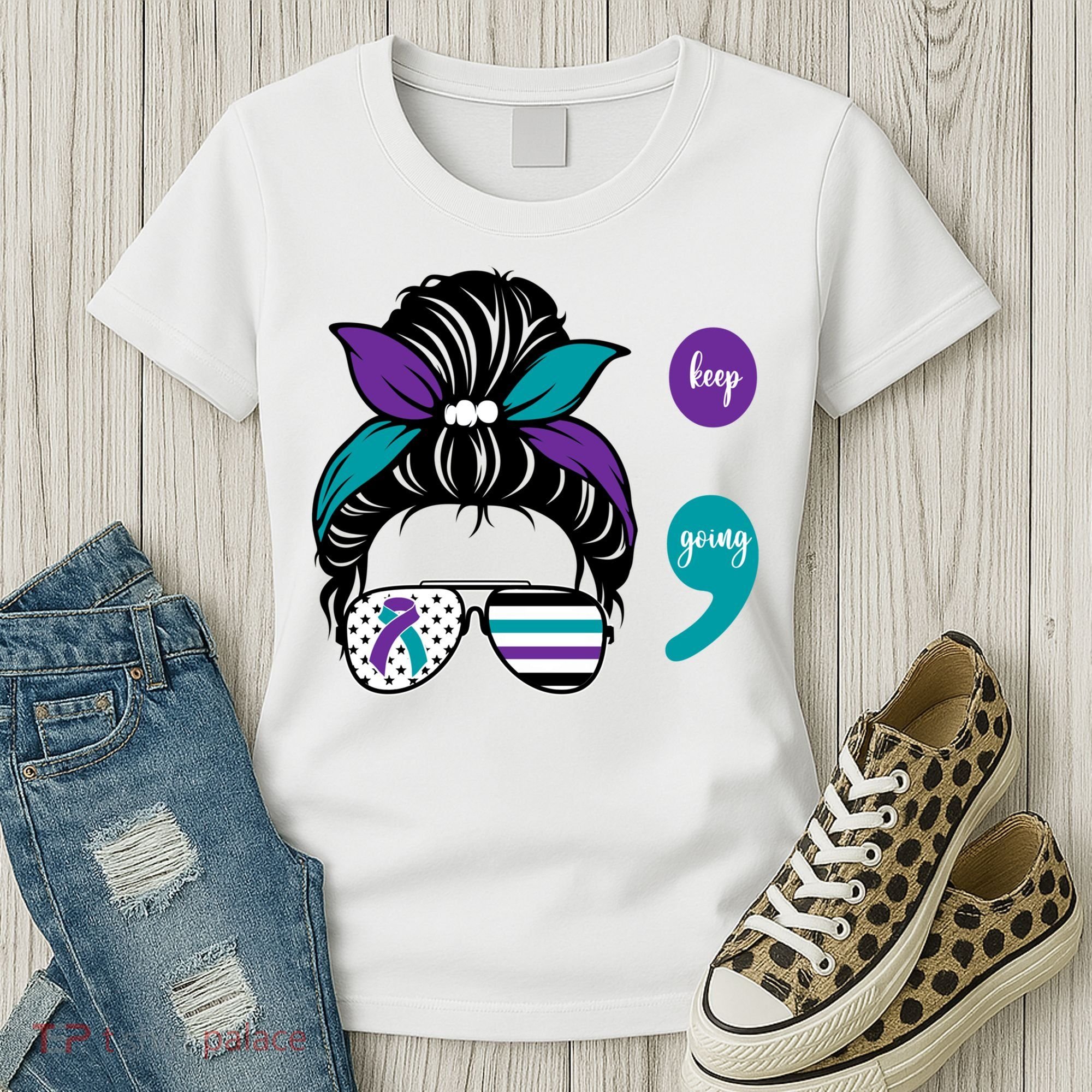 Suicide Prevention Awareness Semicolon Keep Going Messy Bun Gift Women's T-Shirt