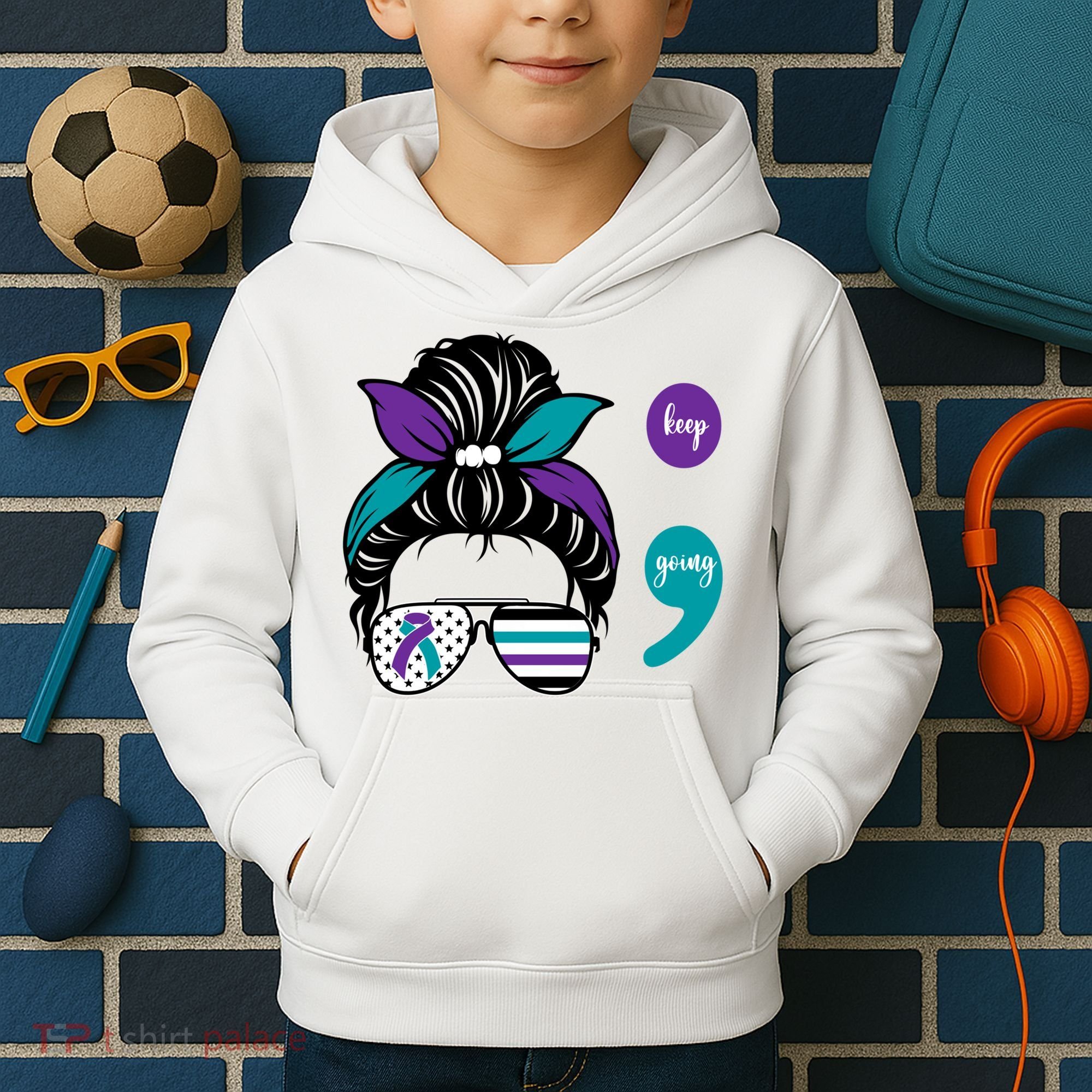 Suicide Prevention Awareness Semicolon Keep Going Messy Bun Gift Kids Hoodie