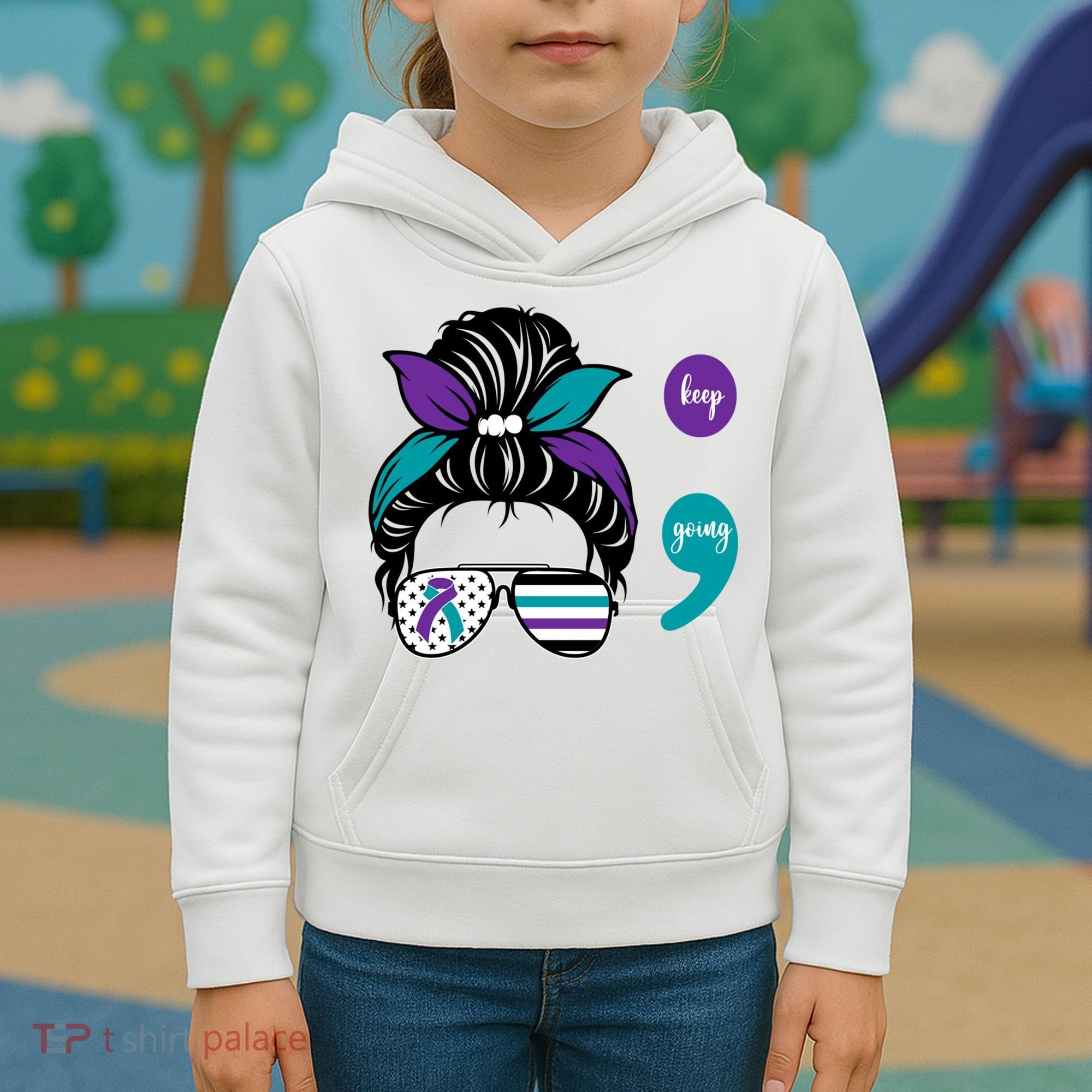 Suicide Prevention Awareness Semicolon Keep Going Messy Bun Gift Kids Hoodie