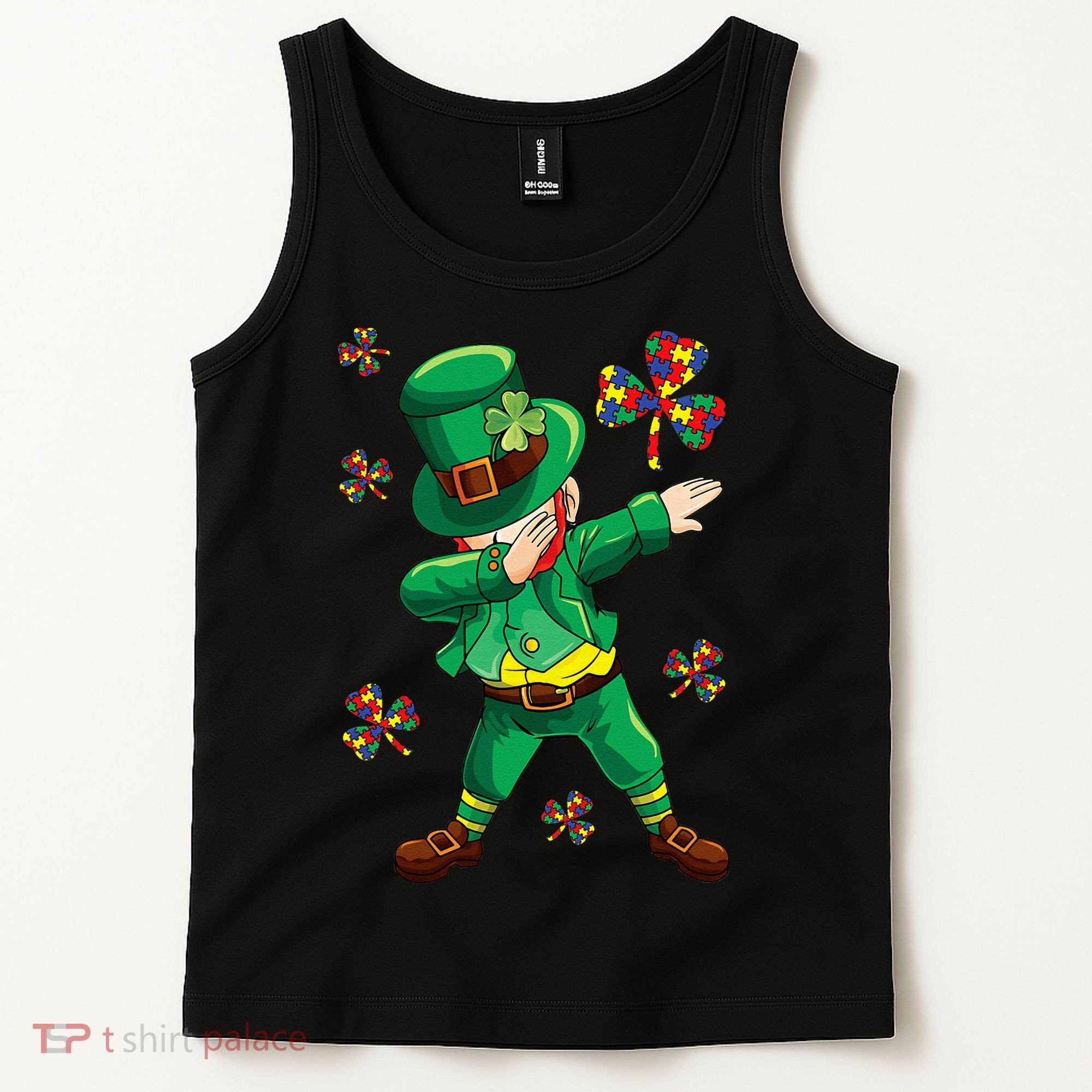 St Patrick's Autism Awareness Puzzle Ribbon Leprechaun IEP Tank Top
