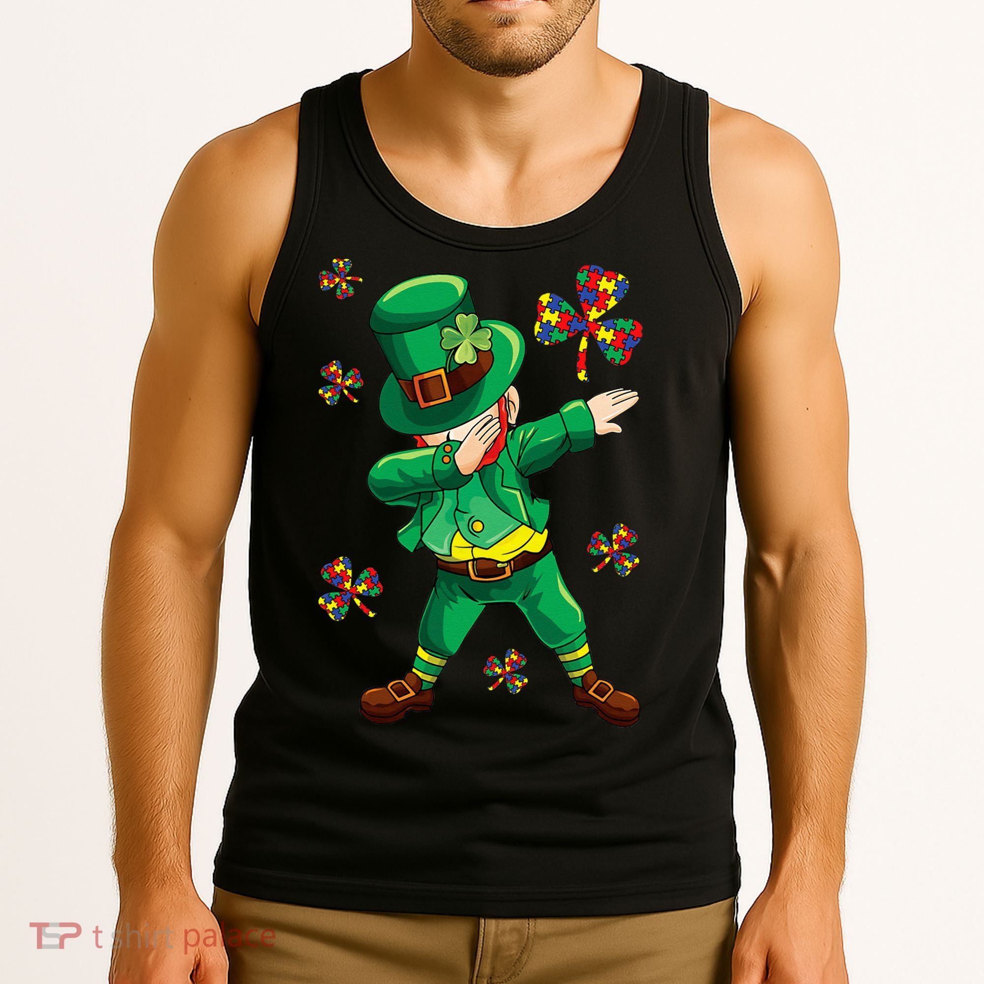 St Patrick's Autism Awareness Puzzle Ribbon Leprechaun IEP Tank Top