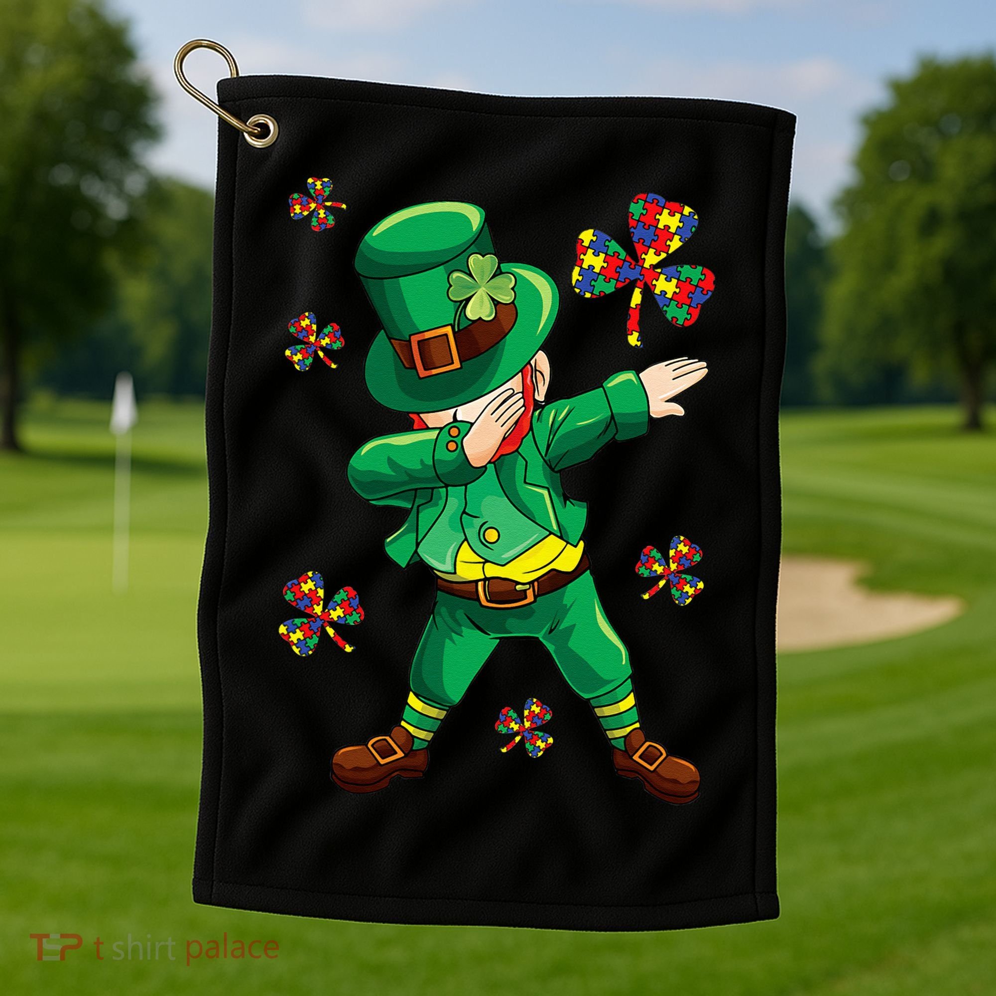 St Patrick's Autism Awareness Puzzle Ribbon Leprechaun IEP Golf Towel