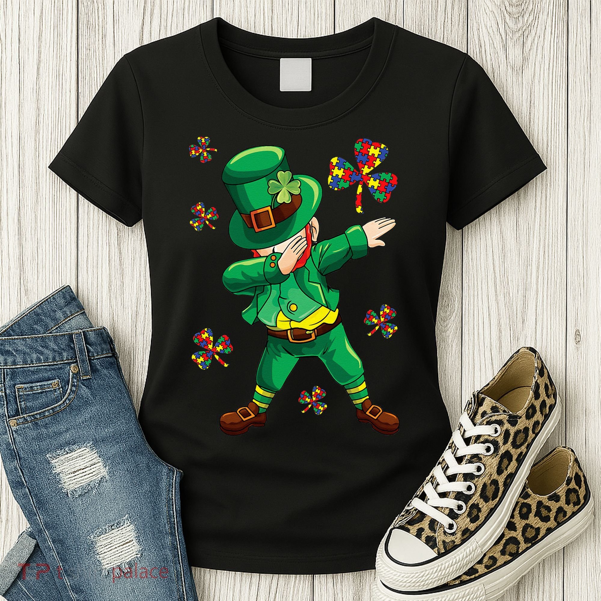 St Patrick's Autism Awareness Puzzle Ribbon Leprechaun IEP Women's T-Shirt