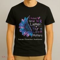 Suicide Prevention Awareness Sunflower Teal & Purple Ribbon T-Shirt thumb 3