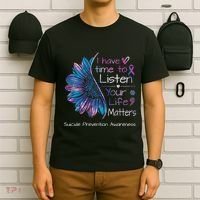 Suicide Prevention Awareness Sunflower Teal & Purple Ribbon T-Shirt thumb 6