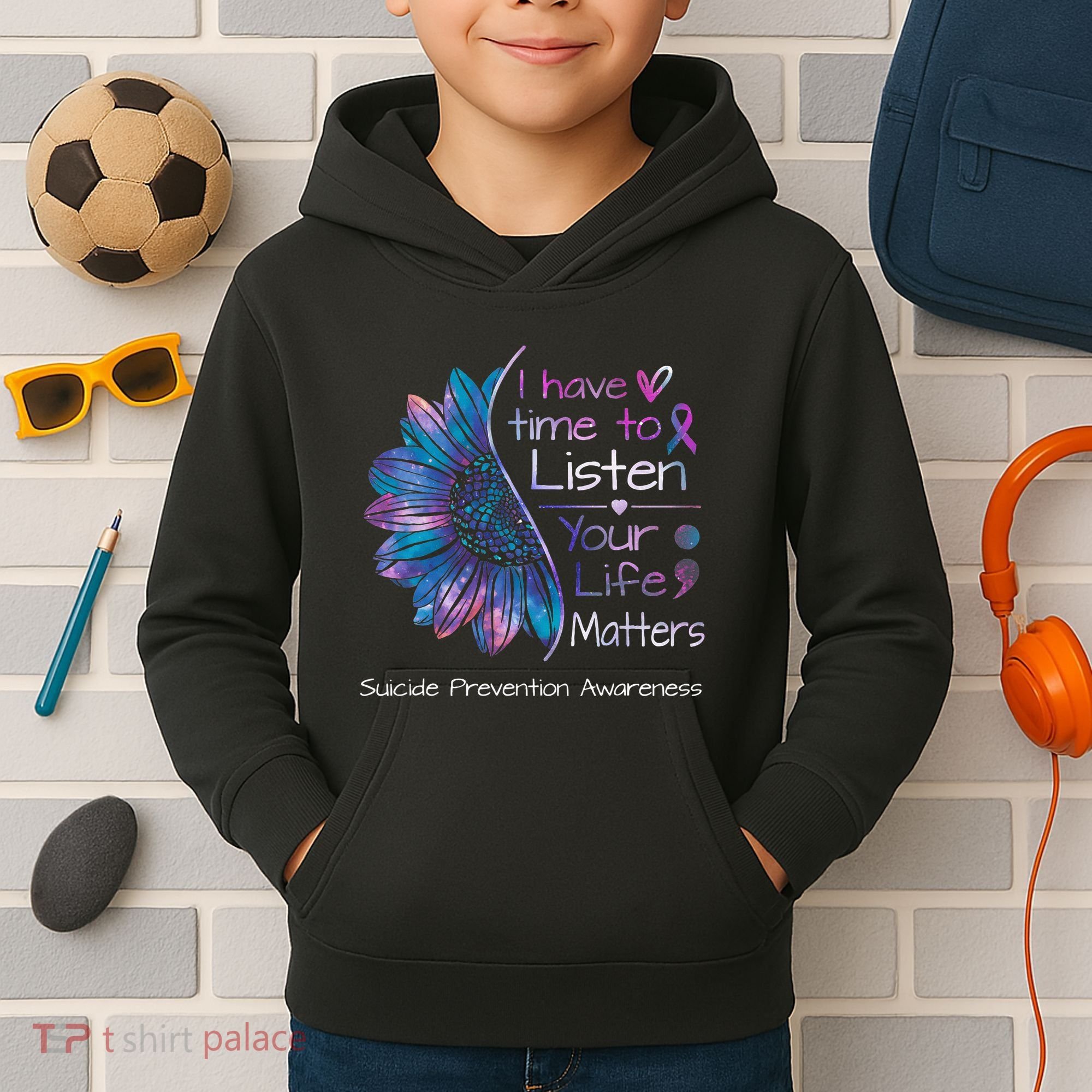 Suicide Prevention Awareness Sunflower Teal & Purple Ribbon Kids Hoodie