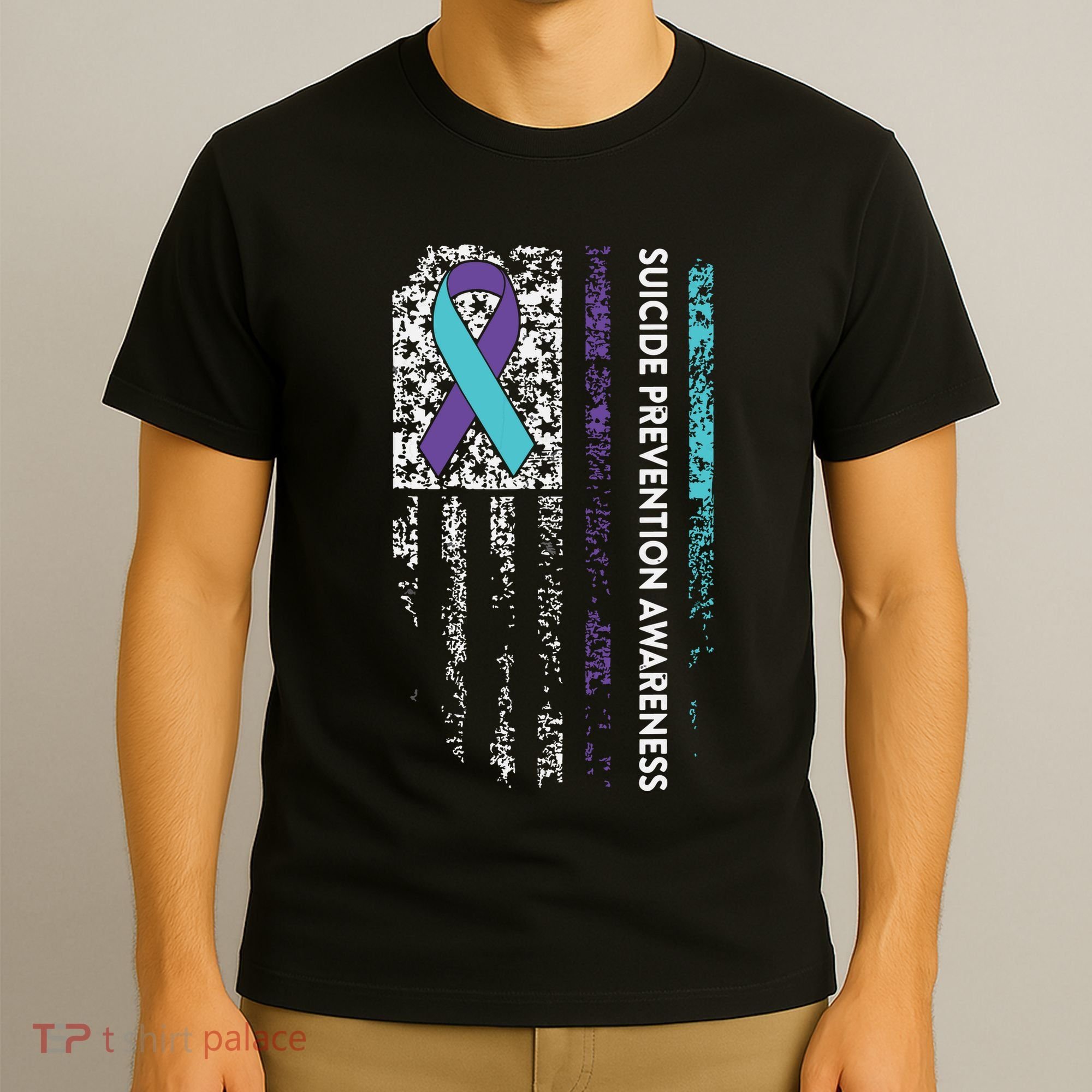 Suicide Prevention Awareness Ribbon American Flag T-Shirt