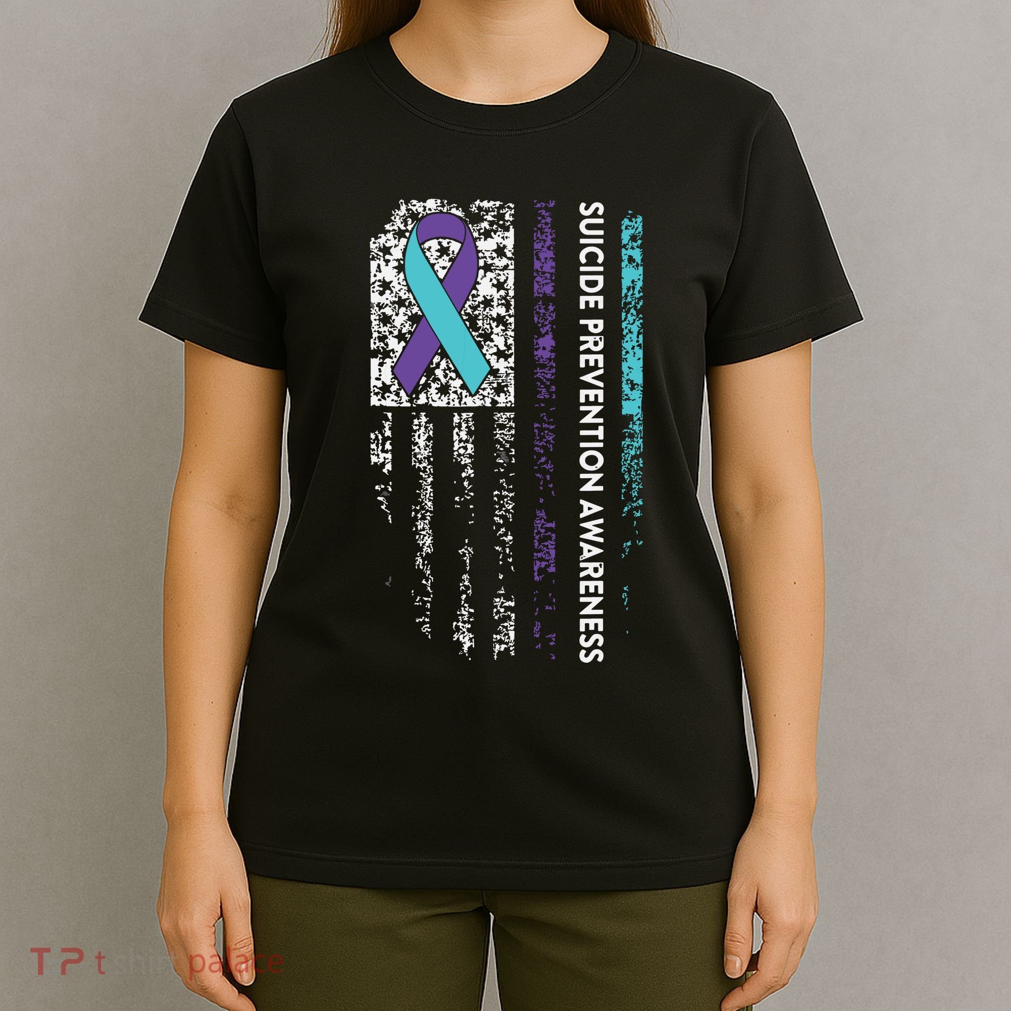 Suicide Prevention Awareness Ribbon American Flag T-Shirt