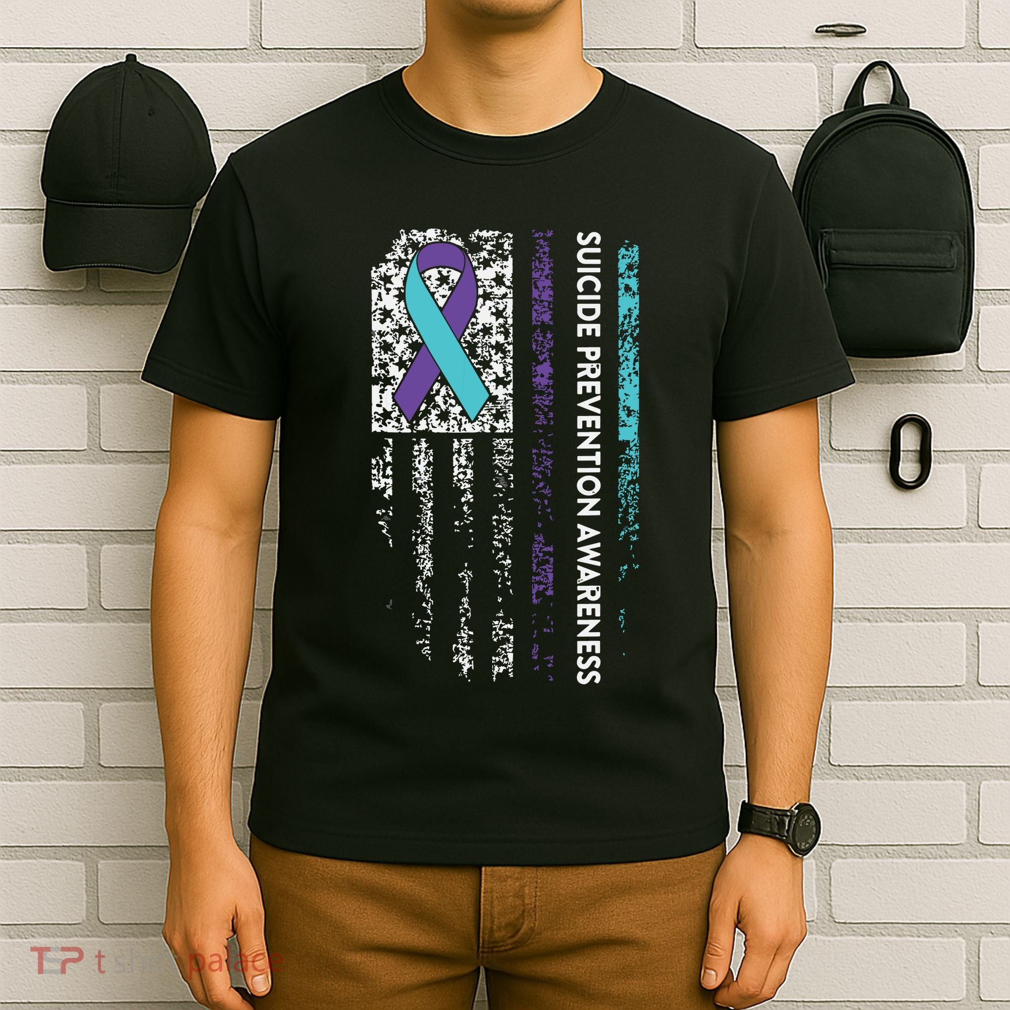 Suicide Prevention Awareness Ribbon American Flag T-Shirt