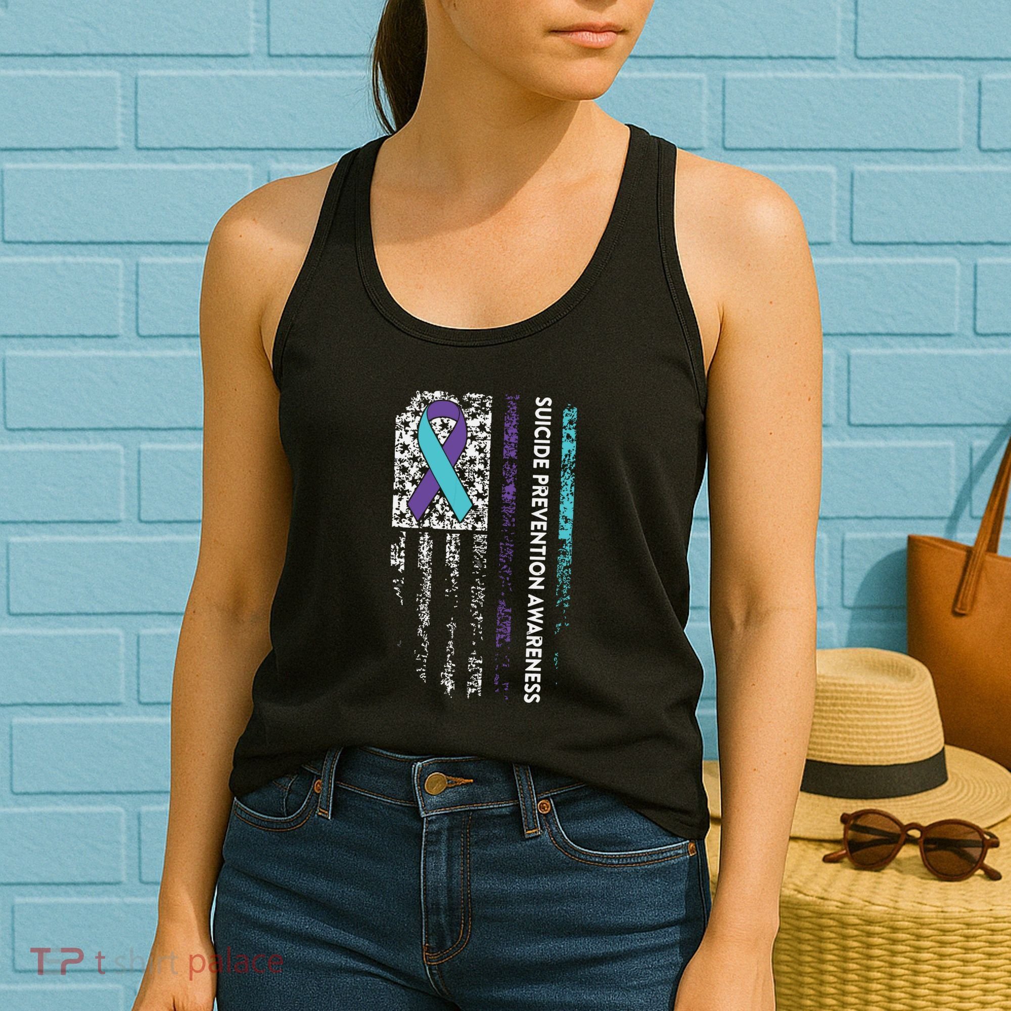 Suicide Prevention Awareness Ribbon American Flag Women's Tank Top
