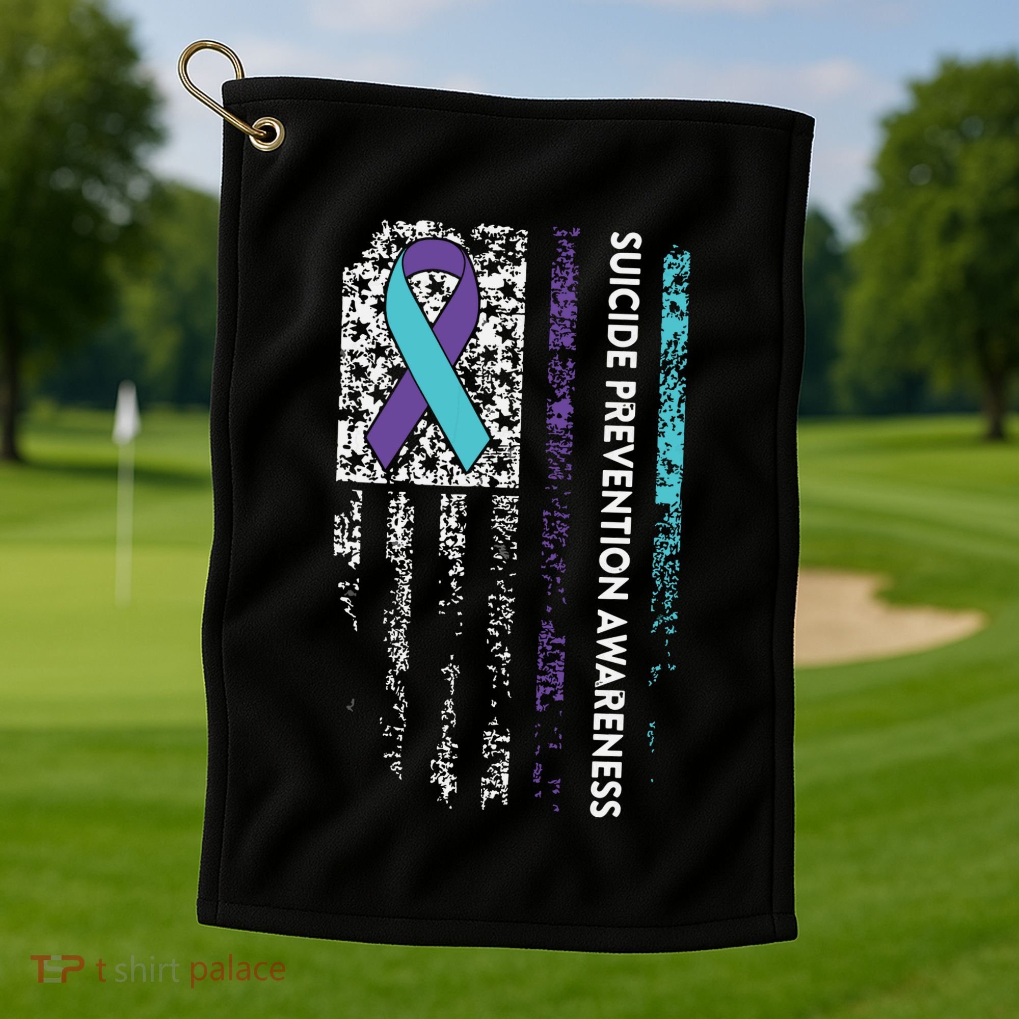 Suicide Prevention Awareness Ribbon American Flag Golf Towel