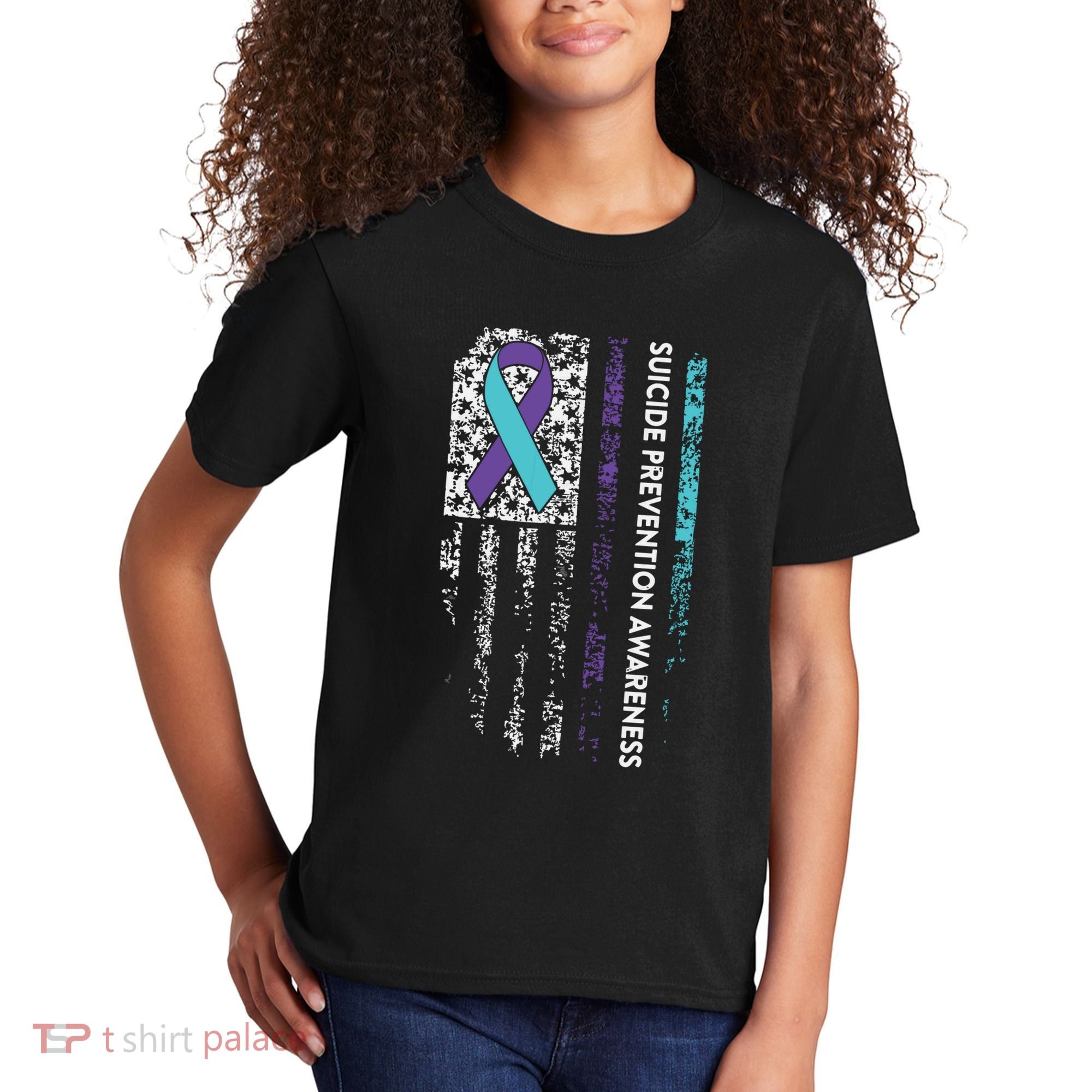 Suicide Prevention Awareness Ribbon American Flag Kids T-Shirt