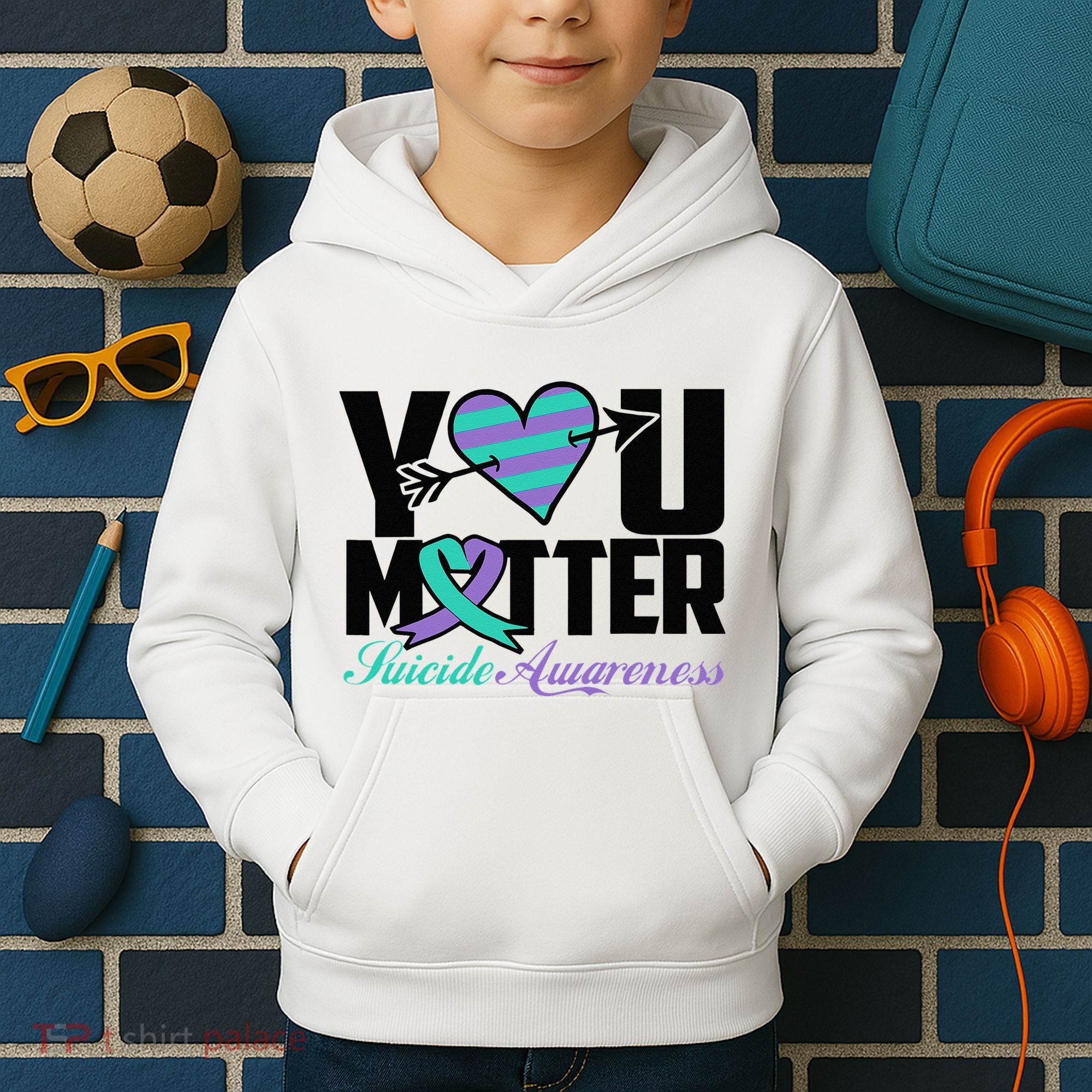 Suicide Prevention Awareness Teal Purple Ribbon You Matter Kids Hoodie