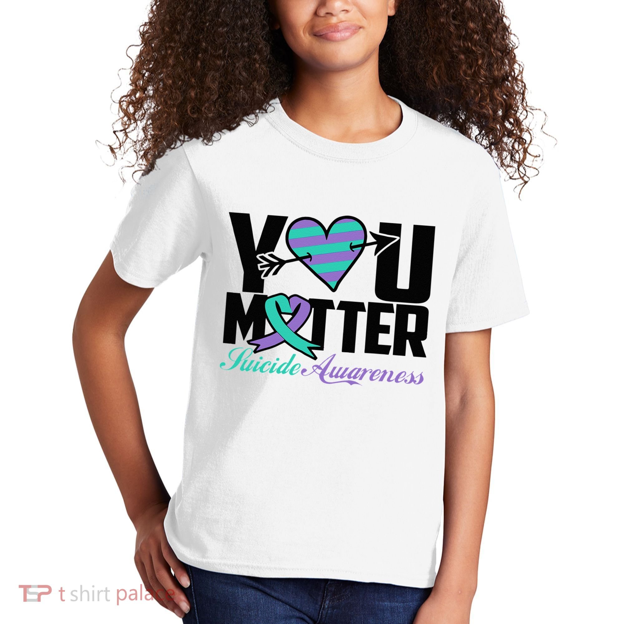 Suicide Prevention Awareness Teal Purple Ribbon You Matter Kids T-Shirt