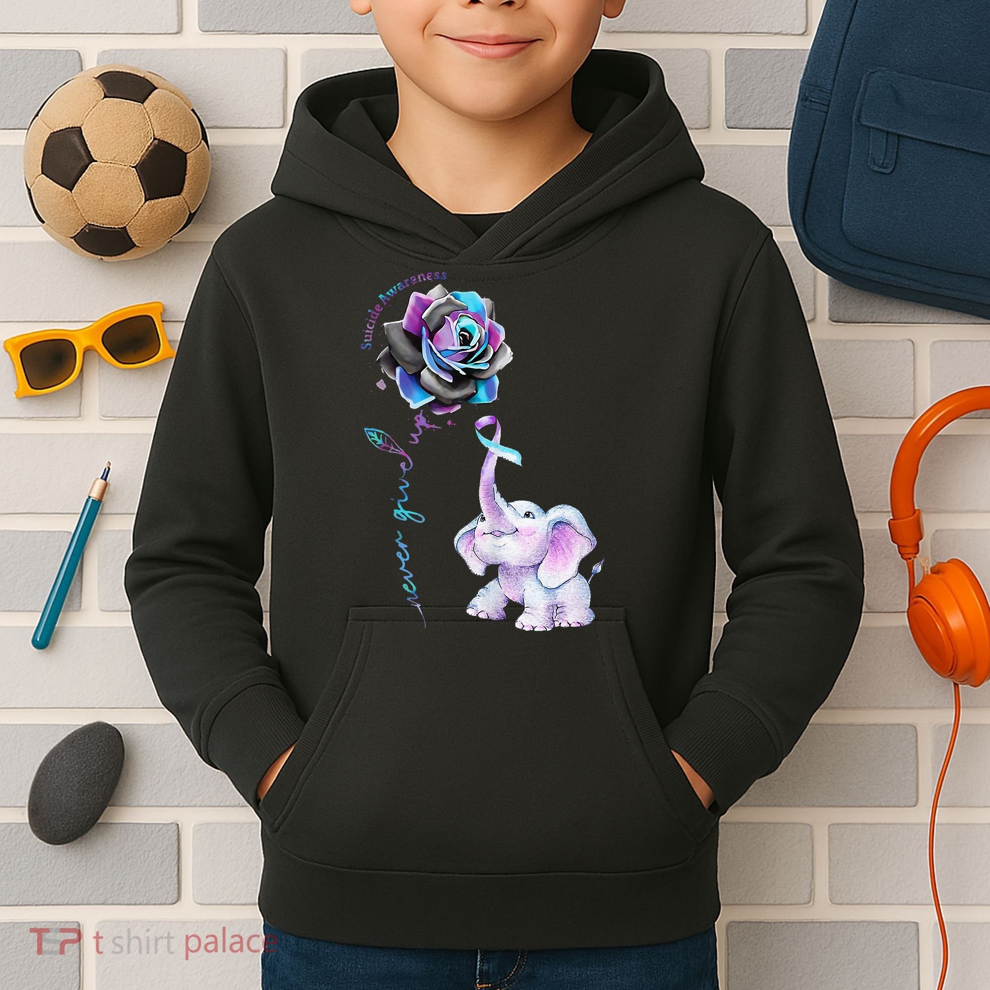 Suicide Prevention Awareness Flower Elephant Ribbon Gift Kids Hoodie