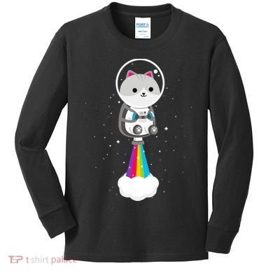 Space Cat Blasting Off Kids Long Sleeve Shirt