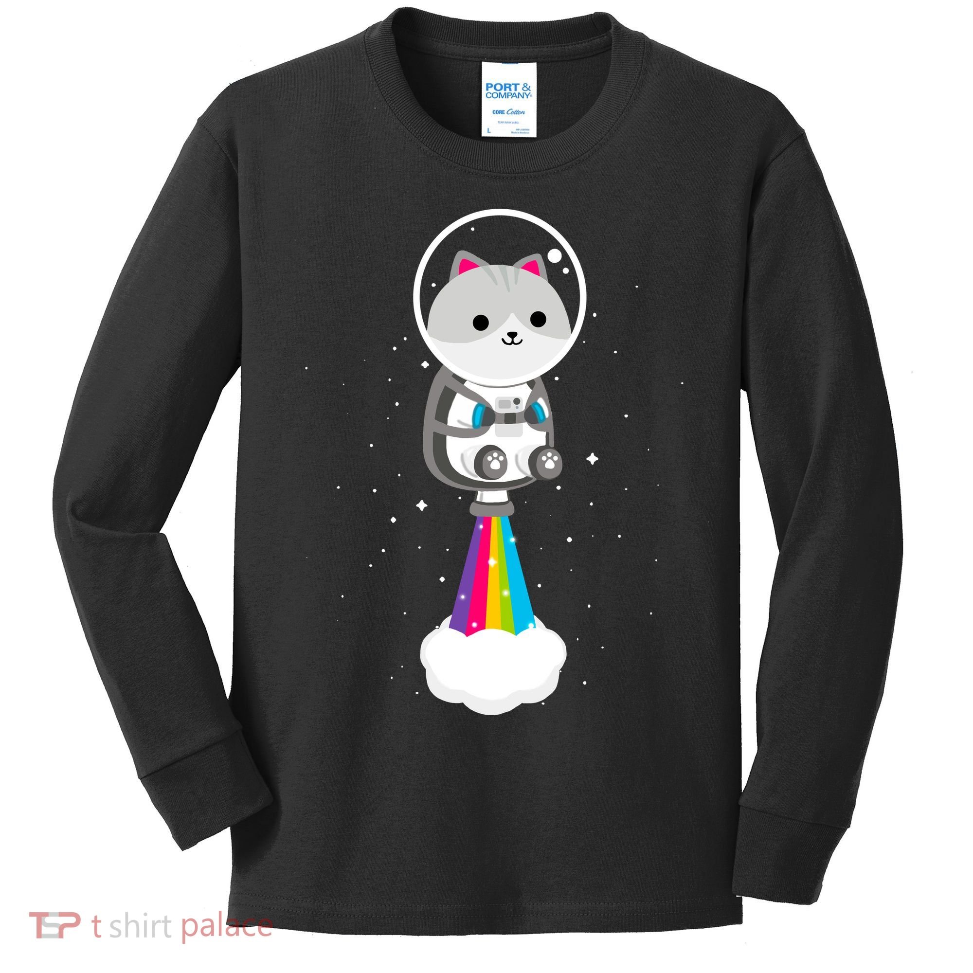 Space Cat Blasting Off Kids Long Sleeve Shirt