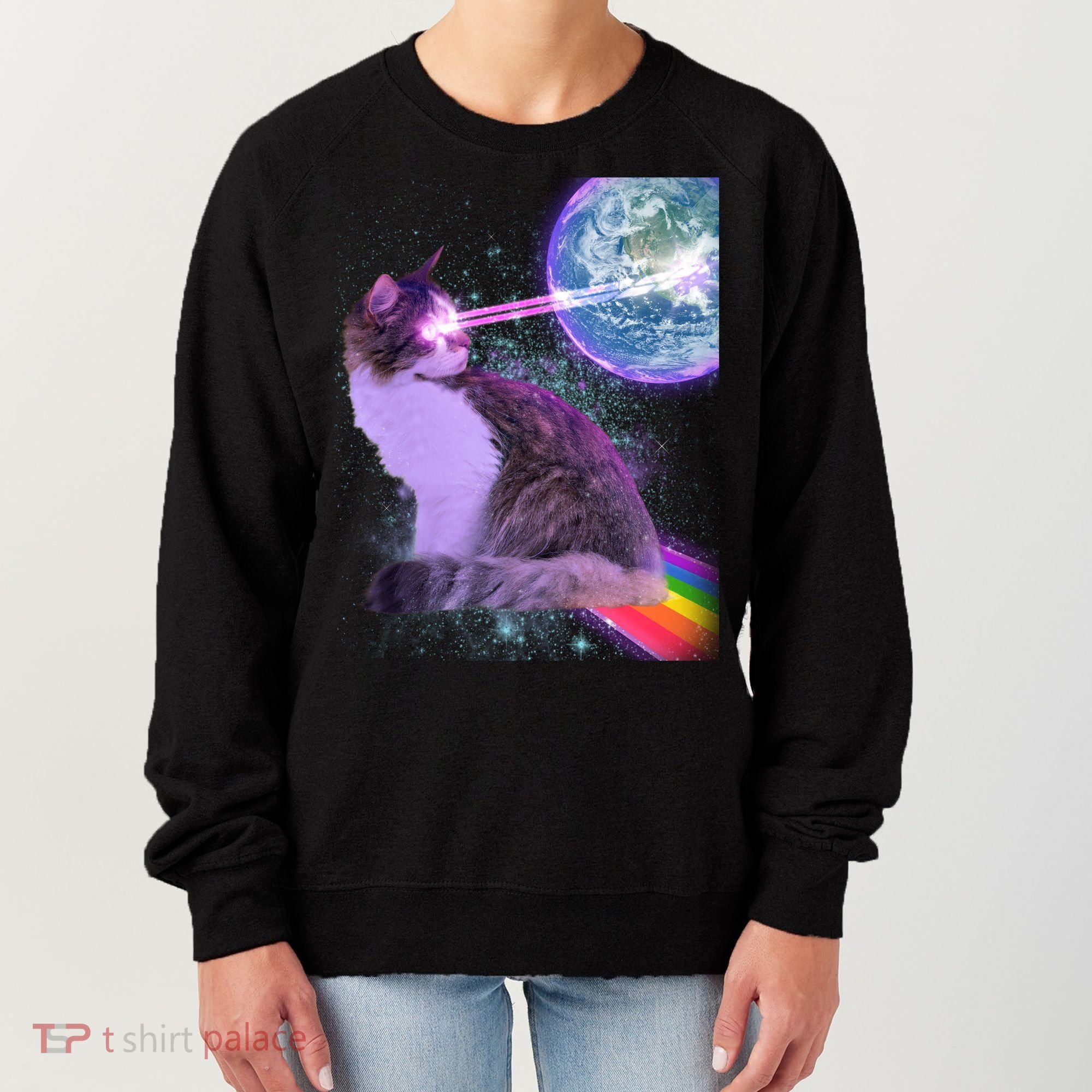 Space Cat Shooting Lazer Into Moon Women's Sweatshirt