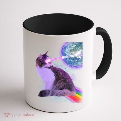 Space Cat Shooting Lazer Into Moon Coffee Mug back