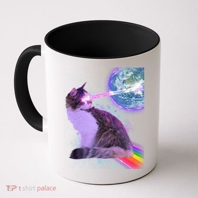 Space Cat Shooting Lazer Into Moon Coffee Mug