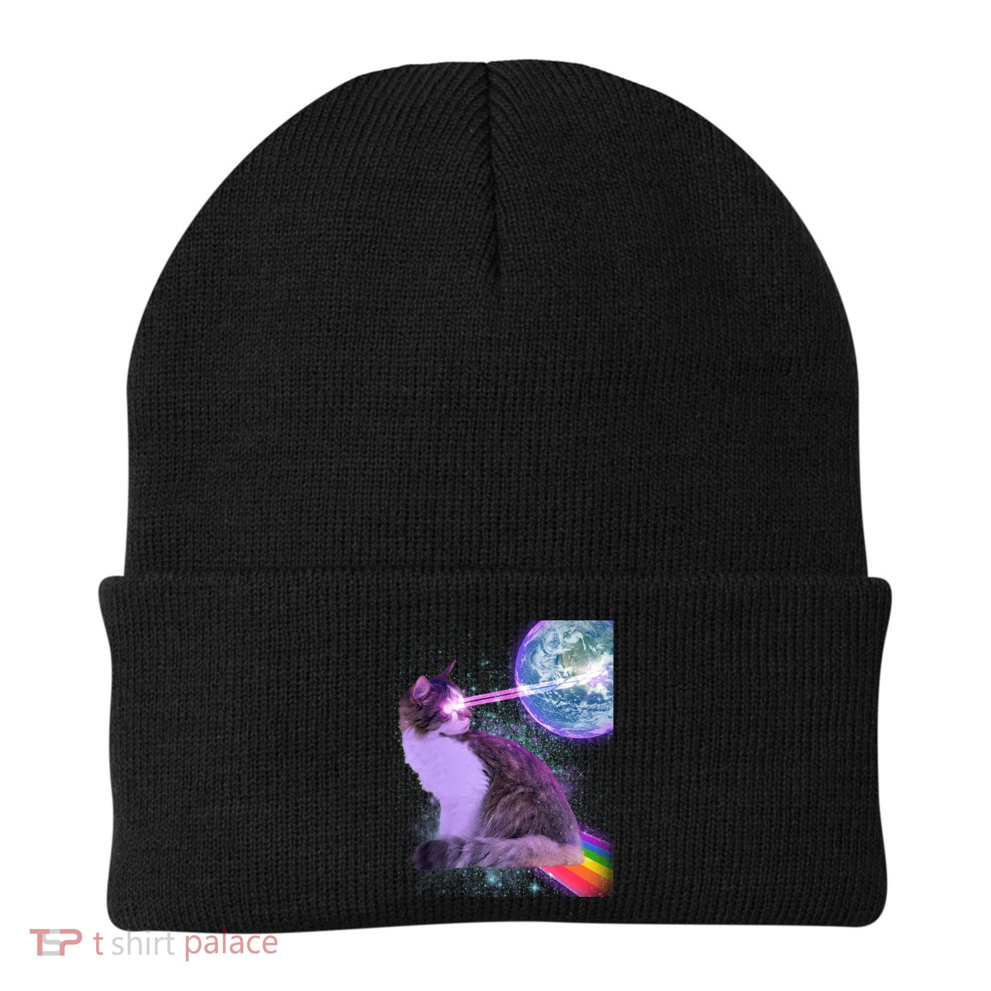 Space Cat Shooting Lazer Into Moon Beanie