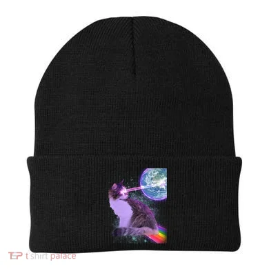 Space Cat Shooting Lazer Into Moon Beanie