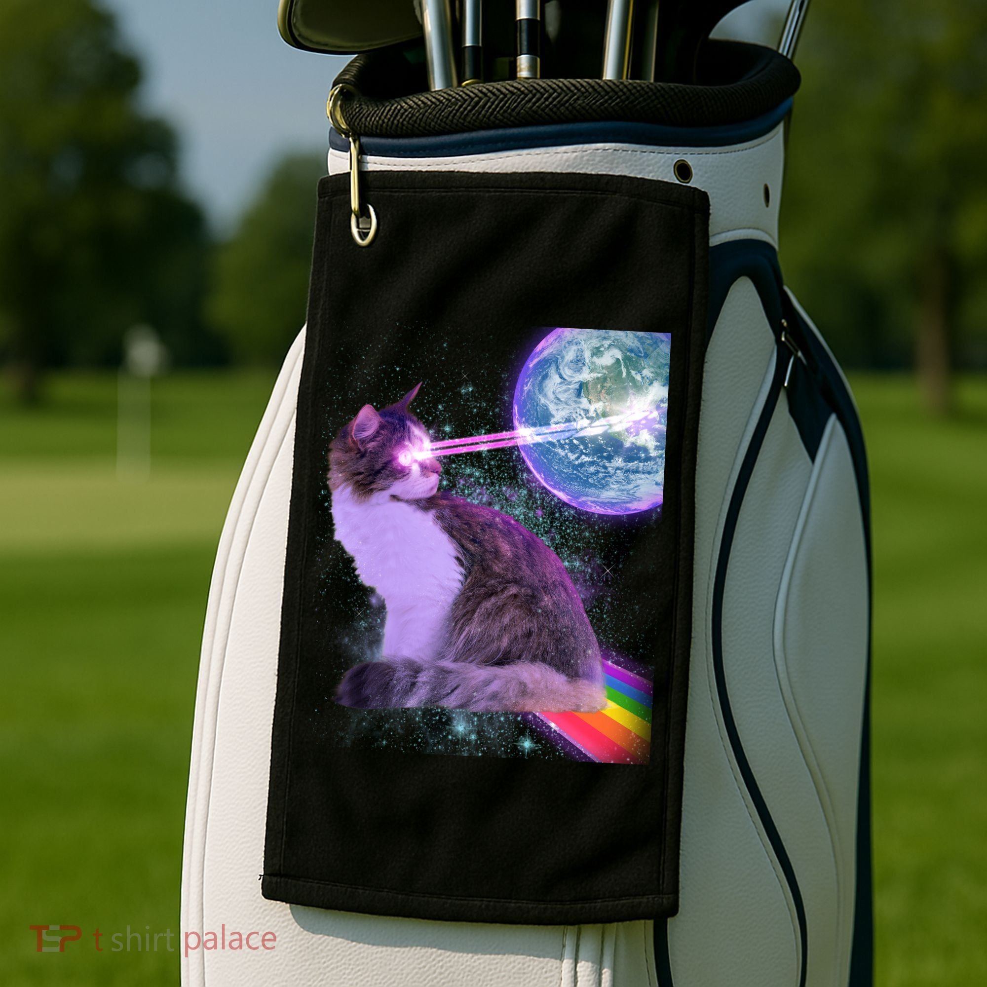 Space Cat Shooting Lazer Into Moon Golf Towel