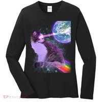 Space Cat Shooting Lazer Into Moon Women's Long Sleeve Shirt thumb 0