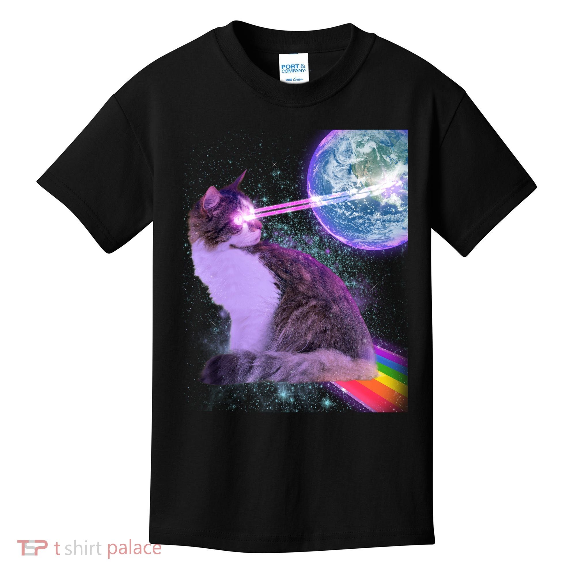 Space Cat Shooting Lazer Into Moon Kids T-Shirt