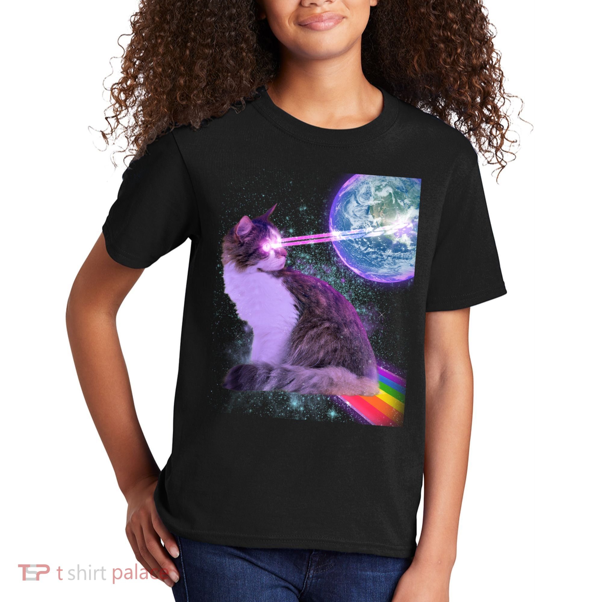 Space Cat Shooting Lazer Into Moon Kids T-Shirt